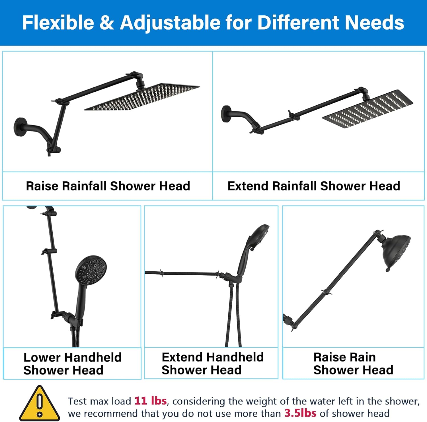 PDPBath Brass 16 Inch Shower Head Extension Arm, Upgrade Flexible Height & Angle Adjustable Shower Arm Extender with Lock Joints, for Fixed Shower Head & Handheld Shower Head, Matte Black