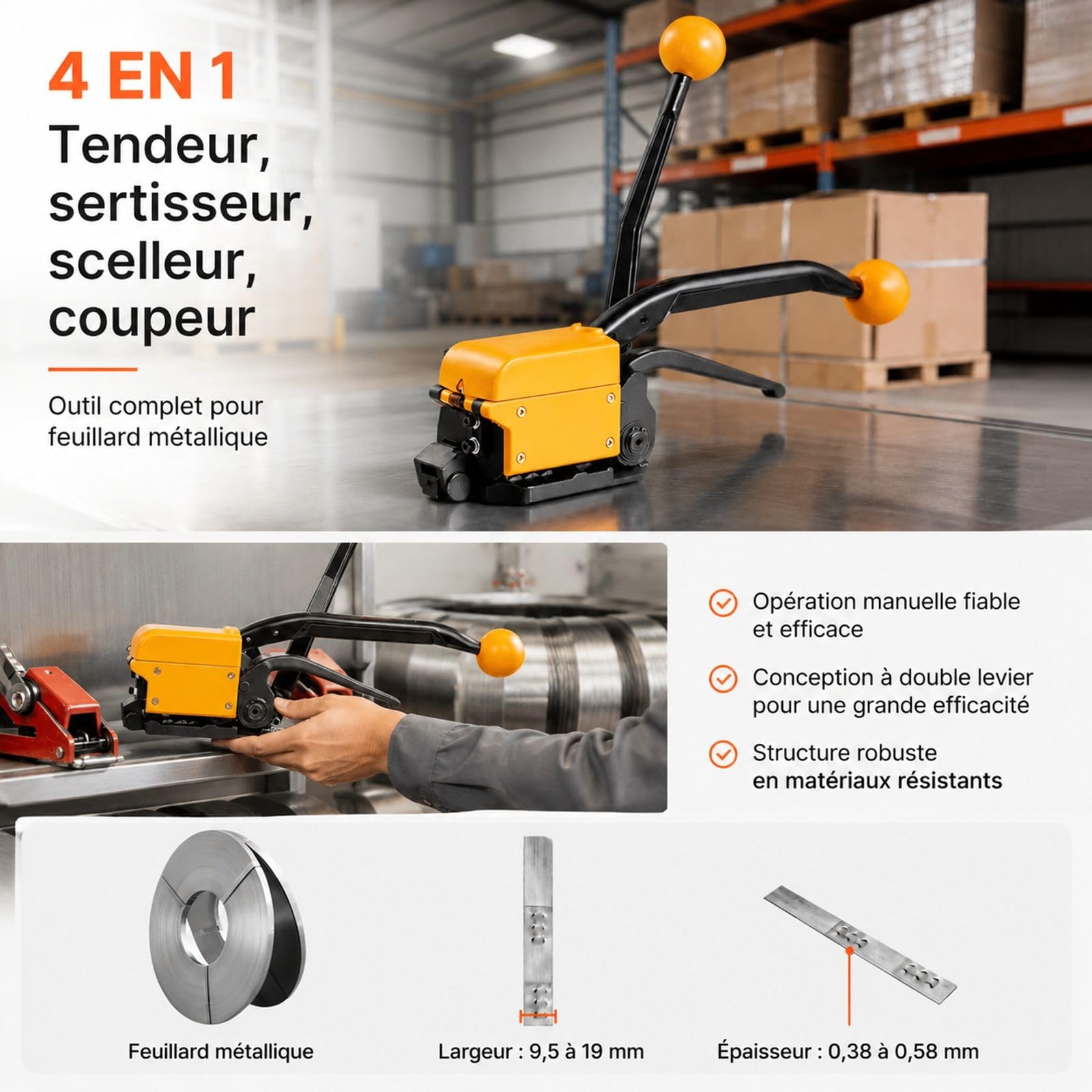Outil de cerclage manuel pour feuillard métallique, cercleuse sans boucle 4 en 1 avec poignée, pour emballage de palettes, transport et entrepôt