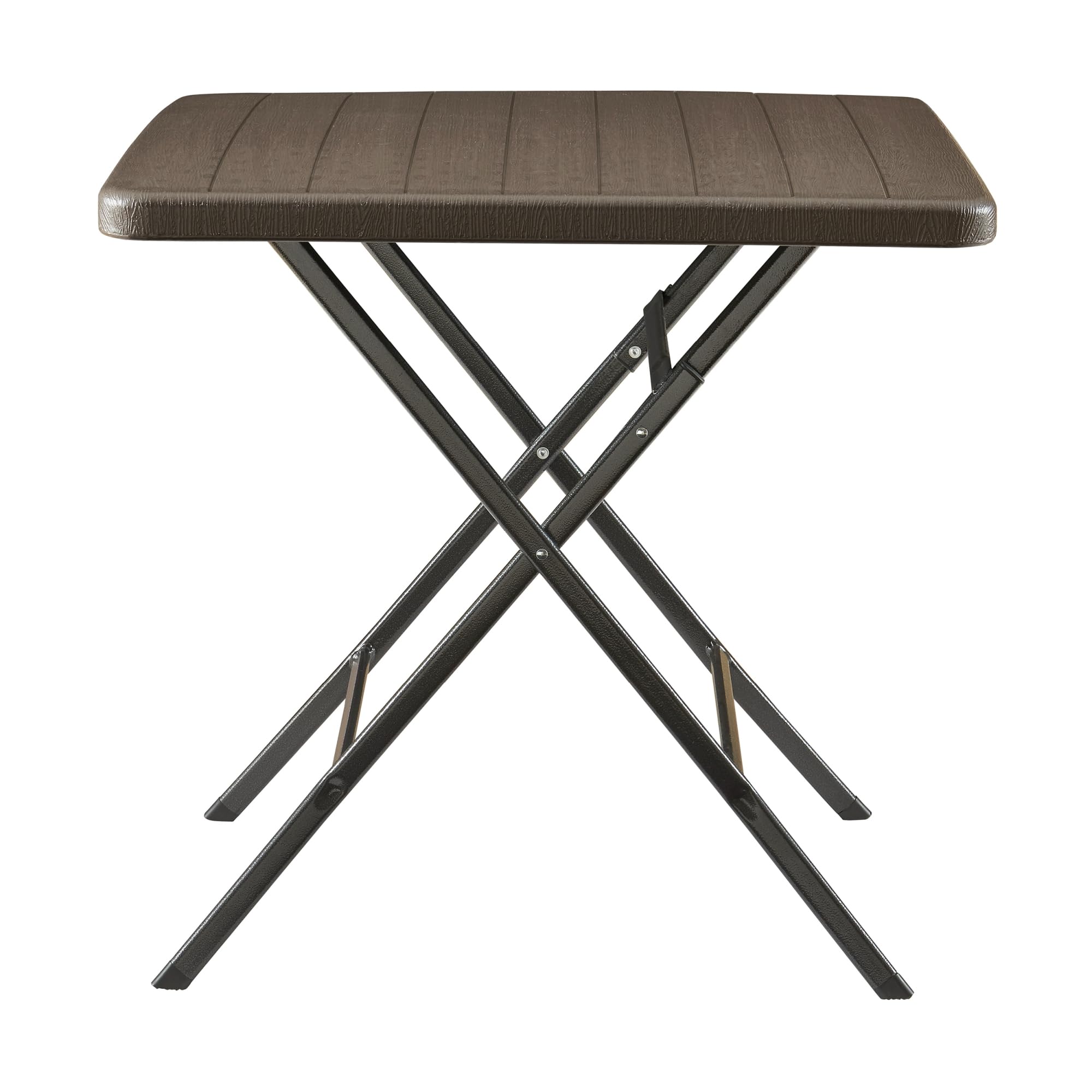 [en.casa] pro.tec składany stół piknikowy Camping przenośny stół do użytku na zewnątrz metalowa rama i blat plastikowy stół 78 x 78 x 74 cm brązowy efekt drewna