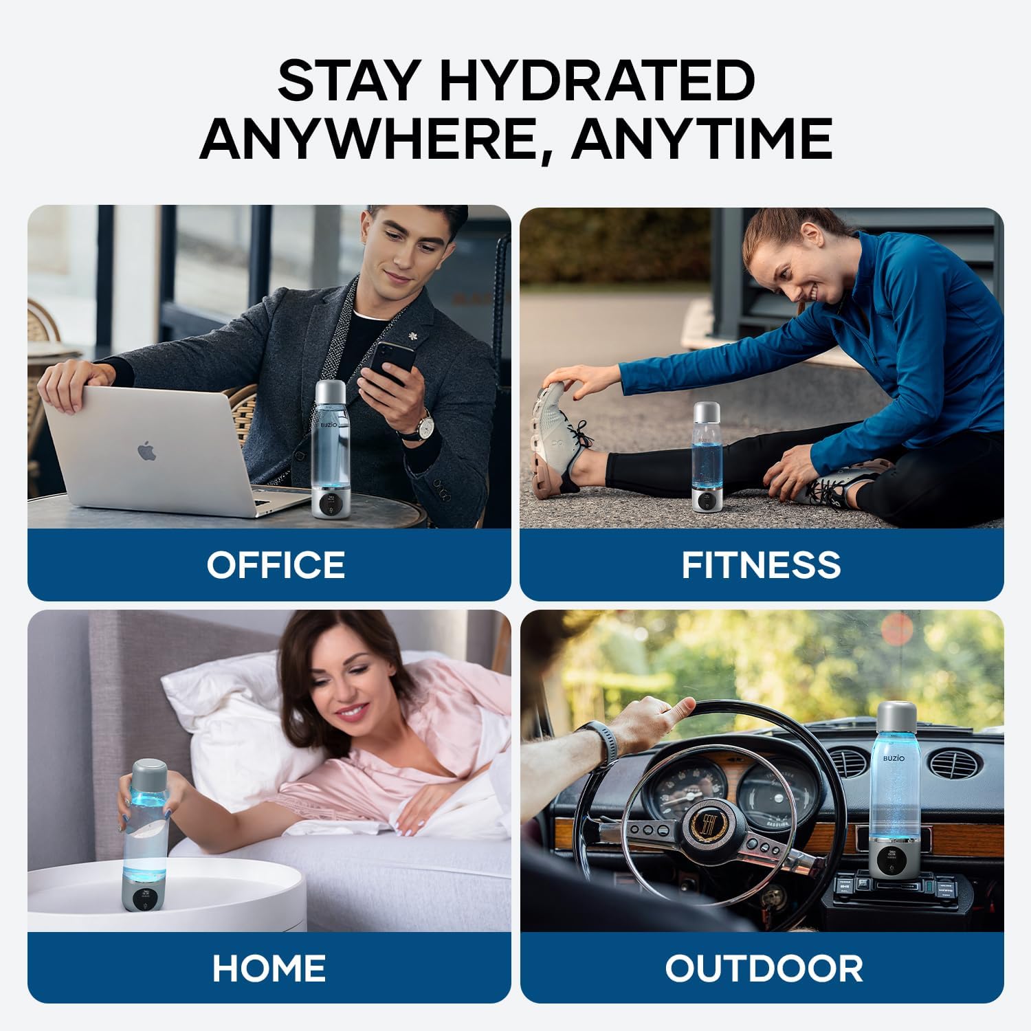 BUZIO Hydrogen Water Bottle, 4000+ PPB Concentration Alkaline Water Generator with Gen5 SPE/PEM Technology, Portable Athletic Performance Alkaline Hydration System Machine, Silver
