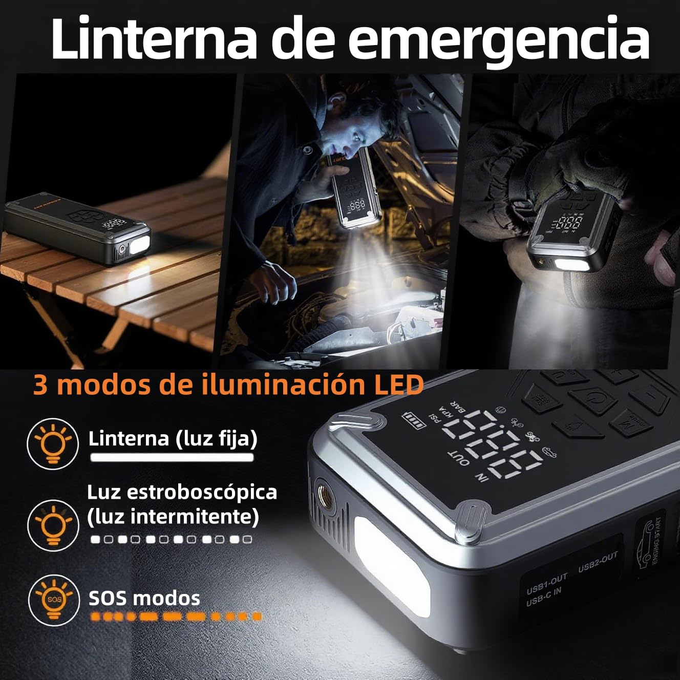 Acmount Arrancador de Baterias de Coche 7000A, Arrancador de Coches Compresor de Aire 150 PSI, Booster Bateria 12V (para All Gas o 12L Diesel) con Pantalla LCD, Linterna LED de 800 Lúmenes