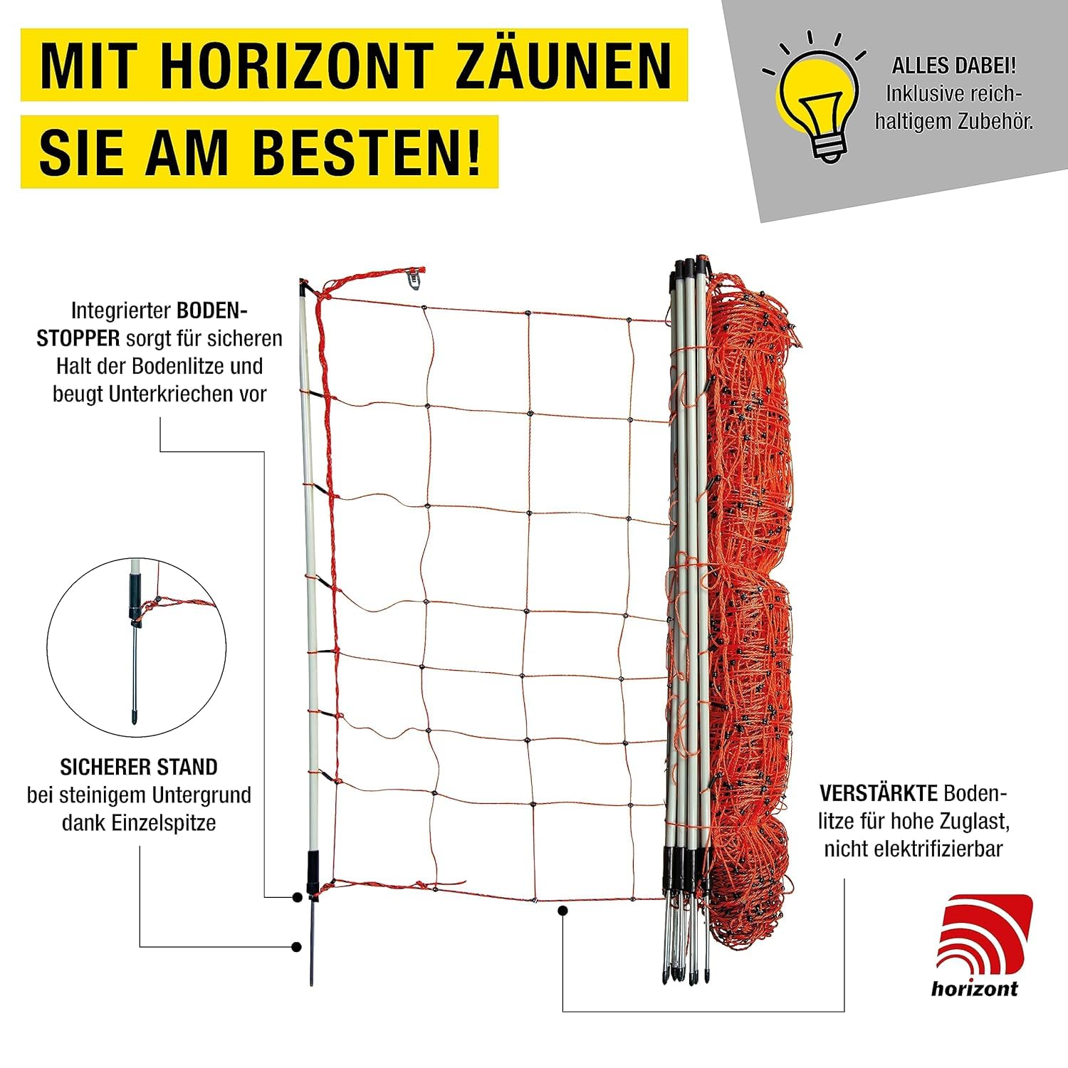 horizont StrongLine - Recinzione mobile per cani da campeggio, 50 m, 90 cm, elettrificabile, 14 pali in fibra di vetro, colore arancione, flessibile, per cani, recinzione mobile per giardino