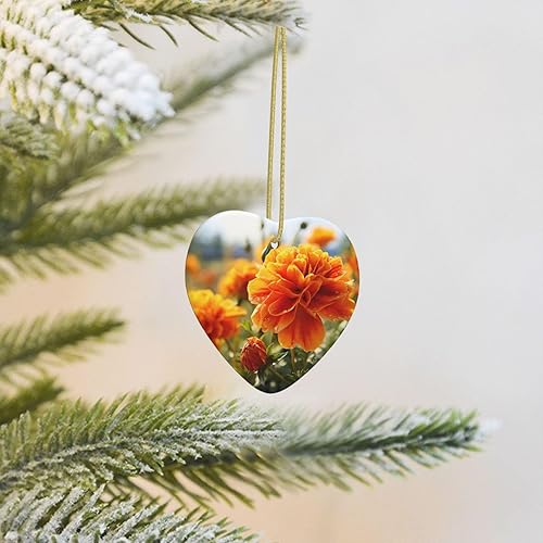 Adornos de cerámica para árbol de Navidad, flores de caléndula, flores de otoño, adornos de cerámica de corazón, decoraciones divertidas de Navidad,