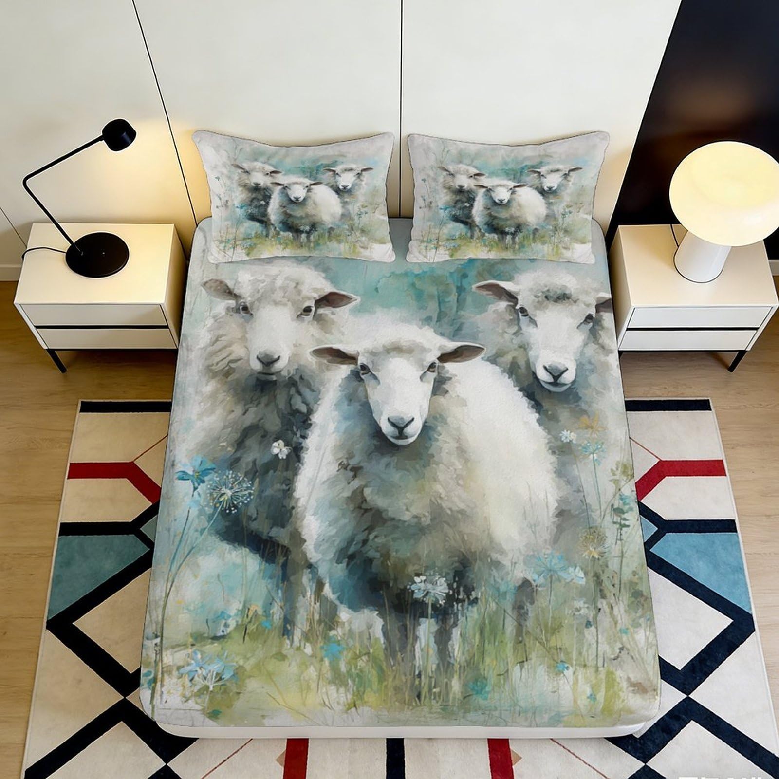 3D Printed Sheep Design Fitted Sheet Microfiber Soft Breathable Pastoral Style Bed Cover for Bedroom Dormitory Guest Room Mattress Protection 90x200x25cm