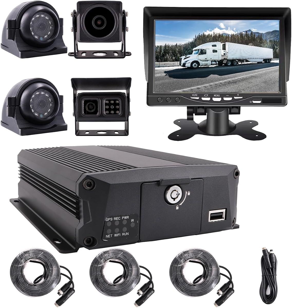 4-CH 1080P Mobile Vehicle Bus CCTV DVR Video Recorder Kit with Night Vision Waterproof Side Front Rear View Car Camera 7 inches IPS Monitor for Truck Van Fleet