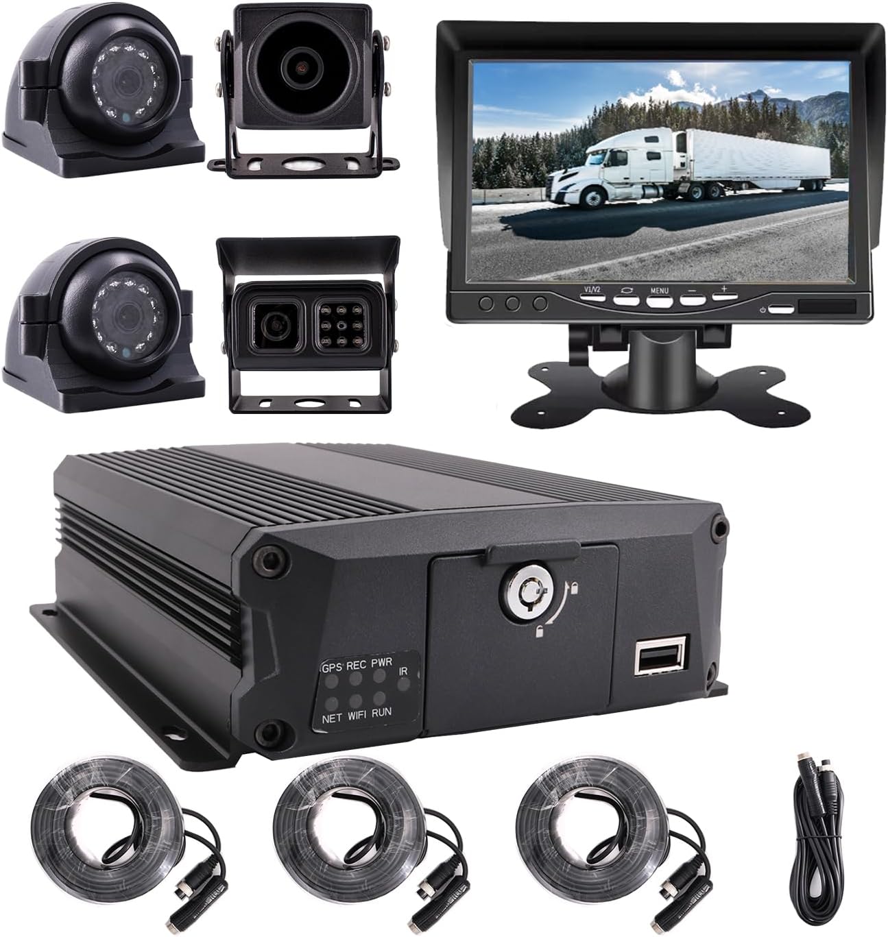 Joinlgo 4 Channel H.264 2.0Mp 1080P Ahd Dual 128Gb Sd Mobile Vehicle Car Dvr Mdvr Video Recorder Kit Night Vision Waterproof Side Front Rear View Camera 7 Inch Monitor