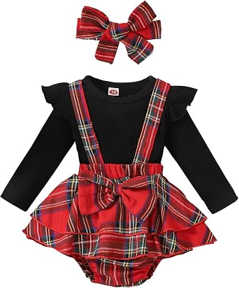 Hnyenmcko Newborn Baby Girl Christmas Clothes Infant Red Plaid Romper Dress Ruffle Long Sleeve Ribbed Bodysuit Headband Set