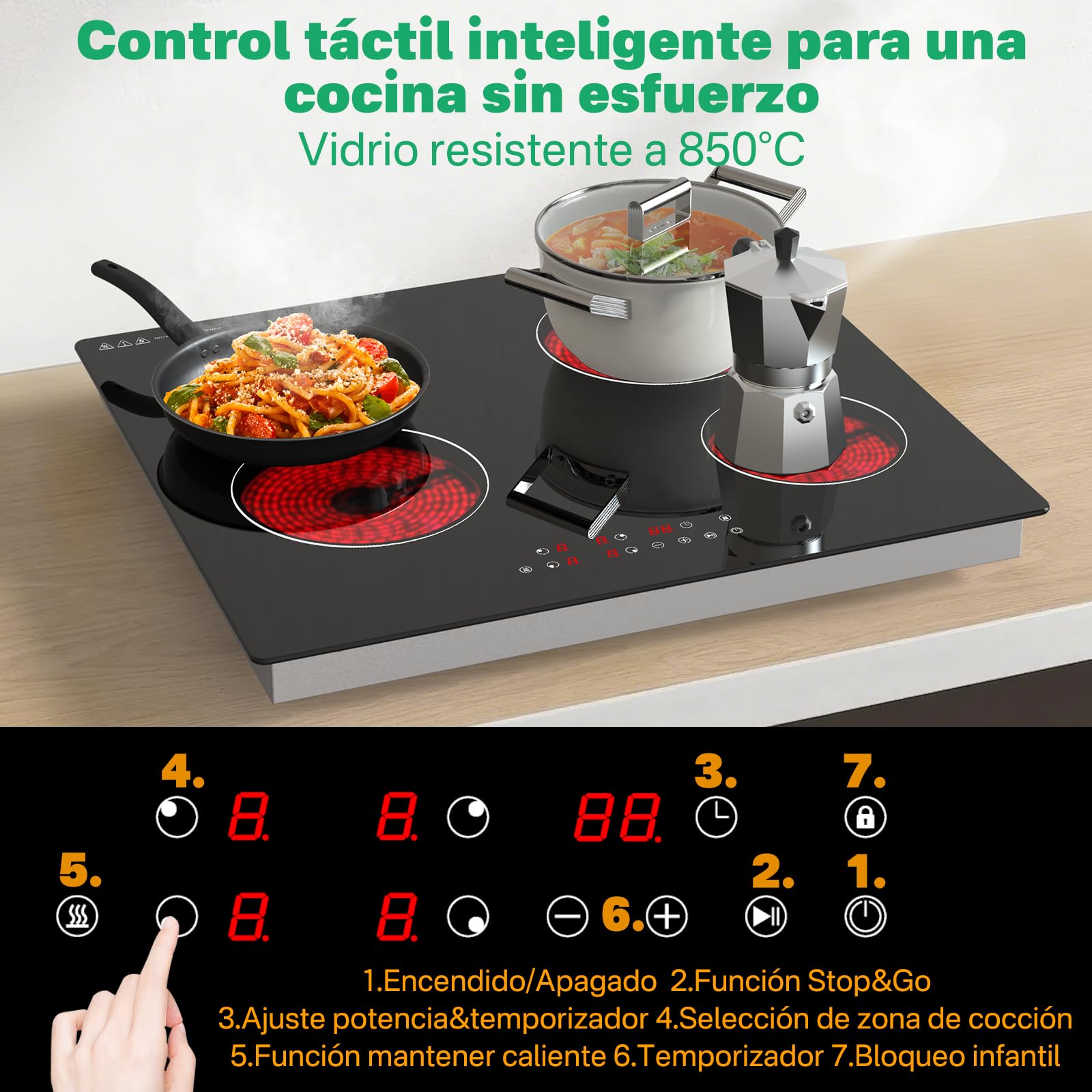 Placa Vitrocerámica 4 Zonas 60 cm, 6000W, Control Táctil, Calentamiento Individual, Placa Eléctrica Empotrable — view 3