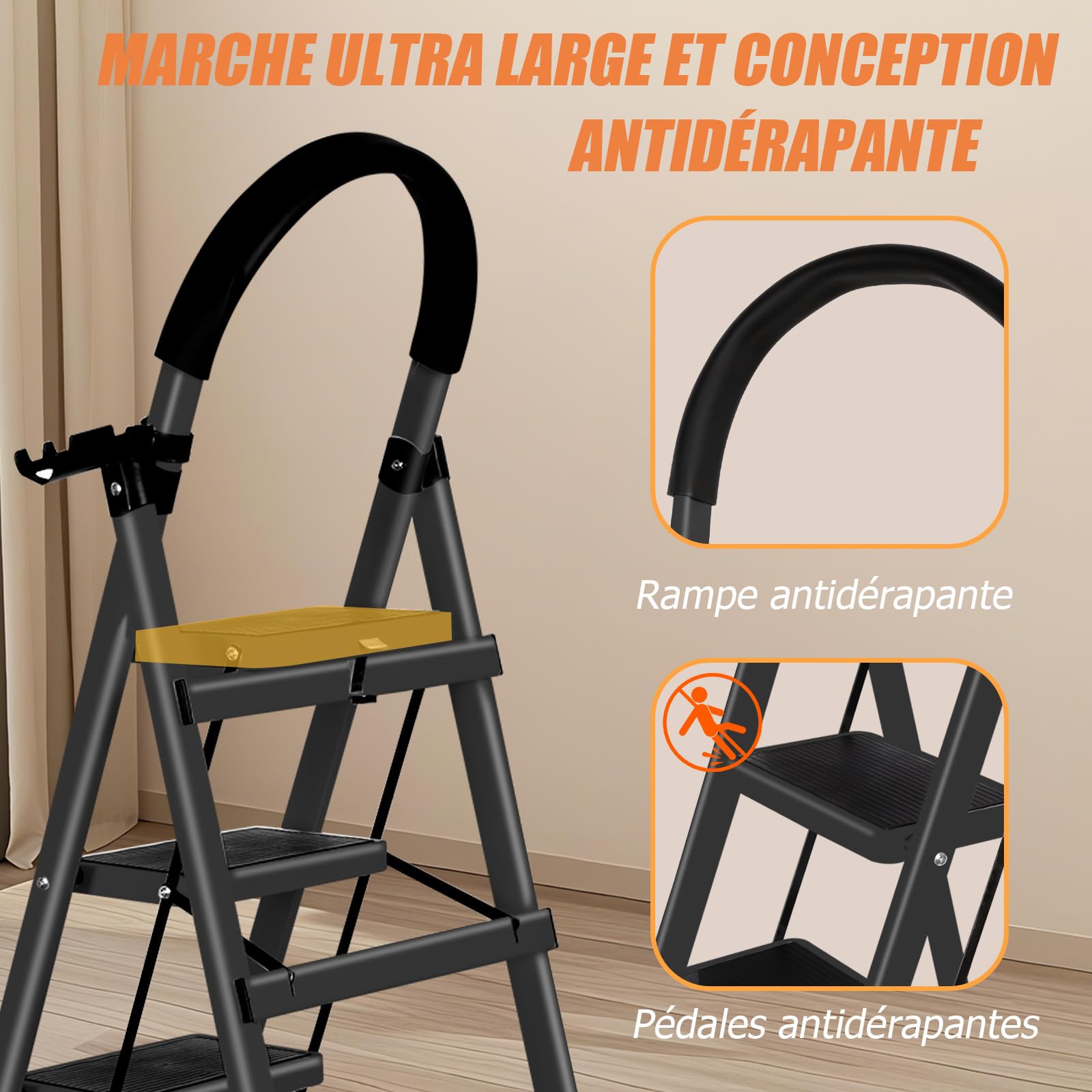 OHMG Escabeau 3 Marches avec Plateforme de Travail, Charge 150 kg Escabeau Pliable, Larges Marche Pied Pliable Antidérapantes, Tabouret en Acier Marche Pied Adulte,Charge 180 kg