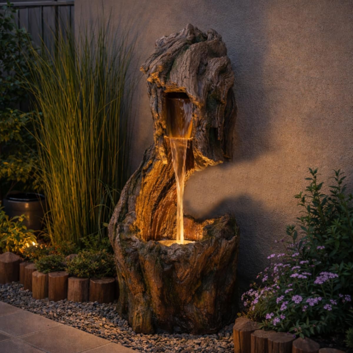 Teamson Home Forest-Inspired Cascade Water Fountain Outdoor Garden–LED Light with Built-in Electric Pump & Simple Setup, Gray