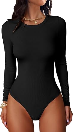 ANRABESS Womens Long Sleeve Bodysuits Top | Crewneck Slim Fit Body Suits,Soft Rib,Basic Tee Shirt,Work Travel Casual Everyday Wear,Fall Spring Winter Layering Clothing