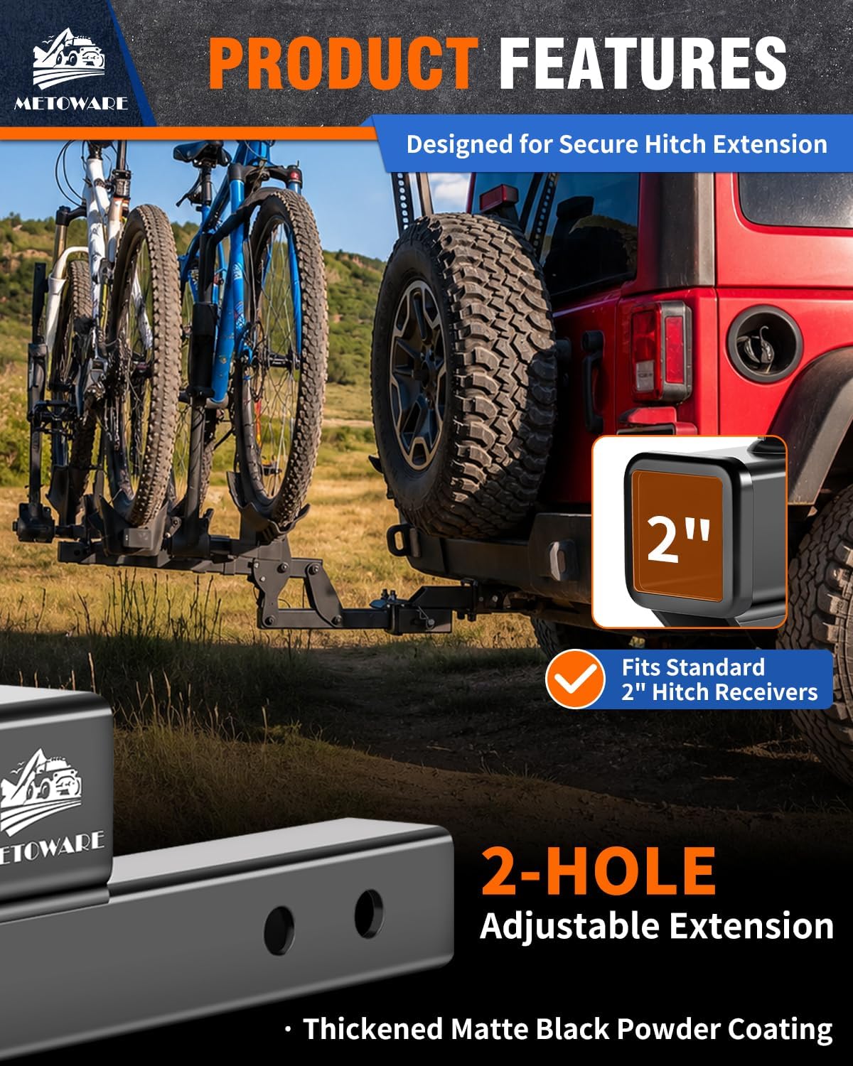 METOWARE Trailer Hitch Extender for 2" Receiver, 2" Drop/Rise Tow Hitch Extension Adapter, Dual Length Options 7" & 9", 7500 lbs Towing Capacity for Bike Rack, Cargo Carrier, Trailer & Camper