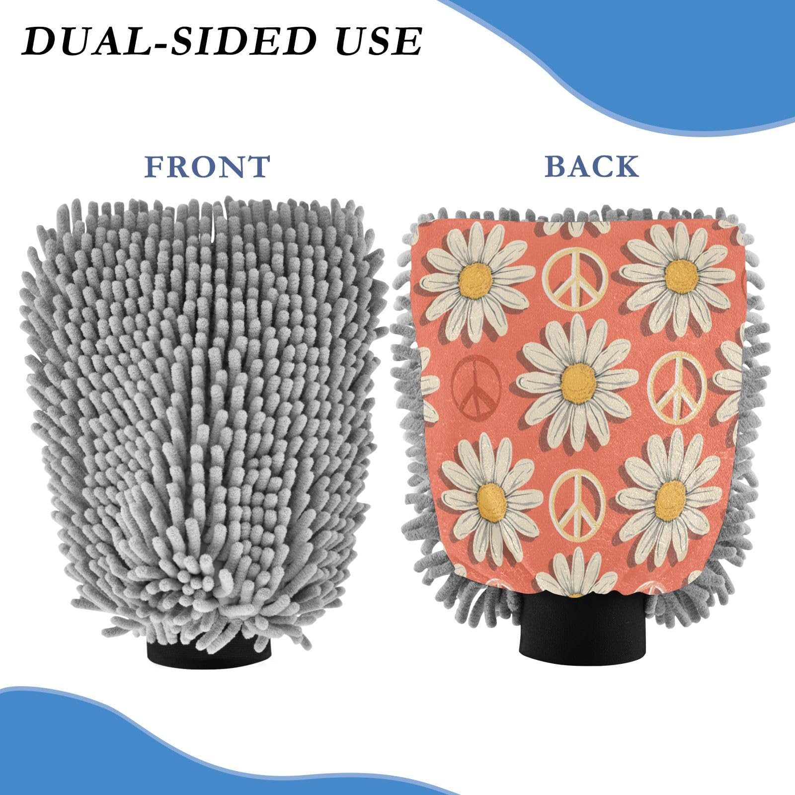 ALAZA Daisy Flower Peace Symbol Car Wash Mitt Scratch Free, 2 Pack Absorbent Microfiber/Chenille Washing & Drying Mitts, L