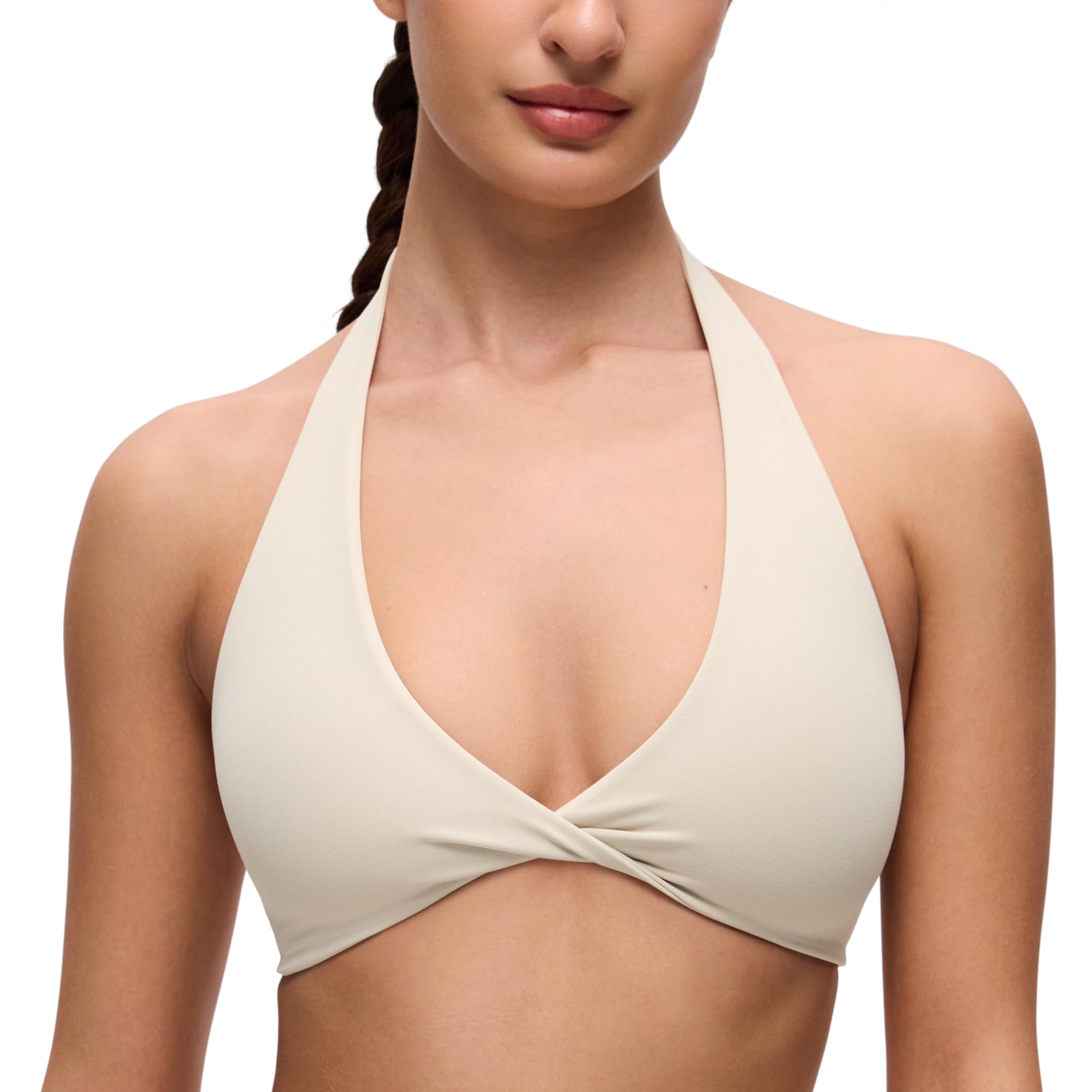 CRZ YOGA Butterluxe Double Lined Twist Halter Sports Bras for Women - Deep V Neck Crop Top Casual Open Back Non Padded