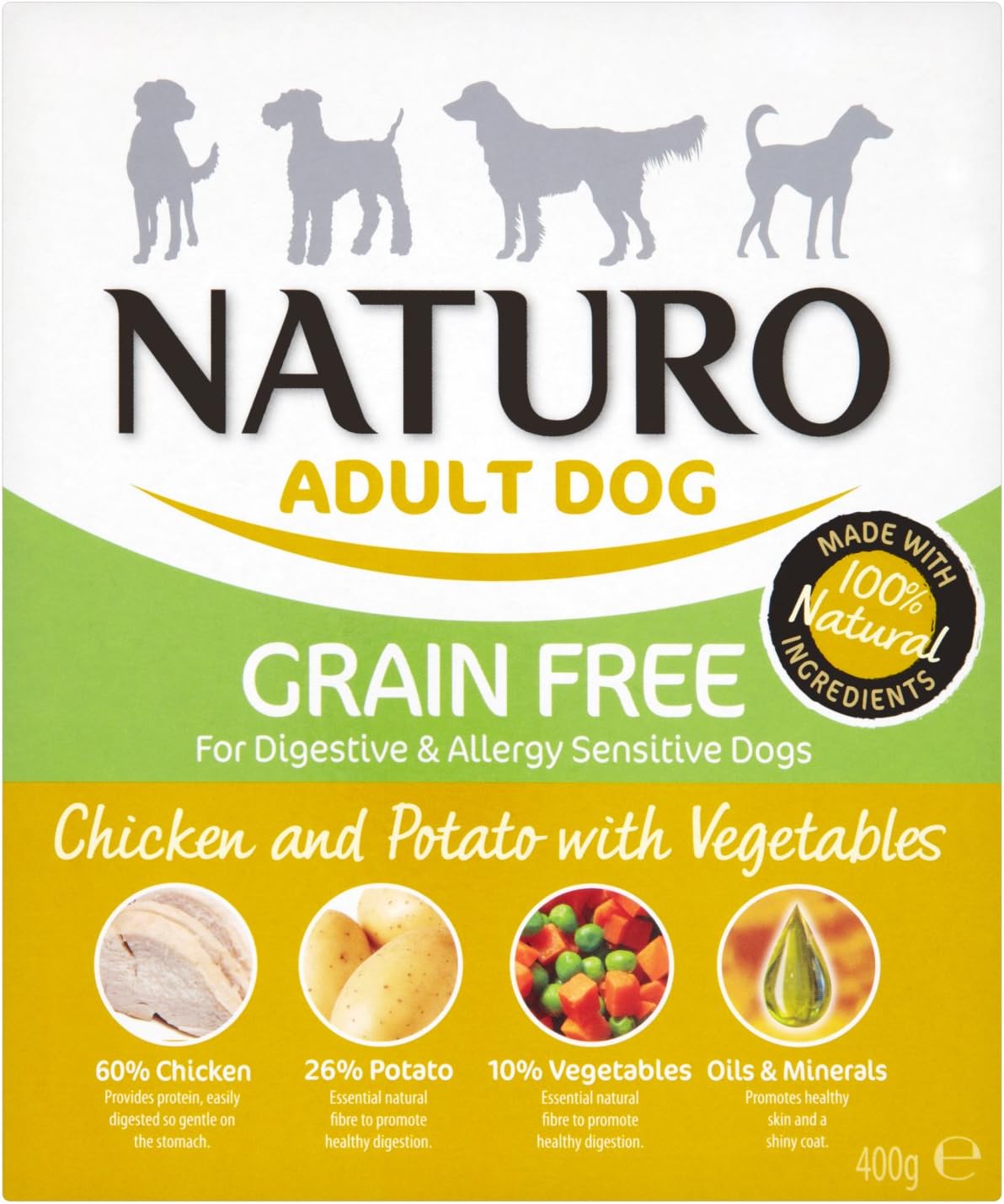 Naturo Grain Free Chicken and Potato with Vegetables Adult Dog Food, 400 g, Pack of 8