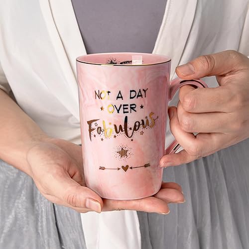 Miniatura 5 de Divertidos regalos de cumpleaños para mujeres, taza de café de 14 onzas con texto en inglés "Not a Day Over Fabulous" impresa con oro, ideas de