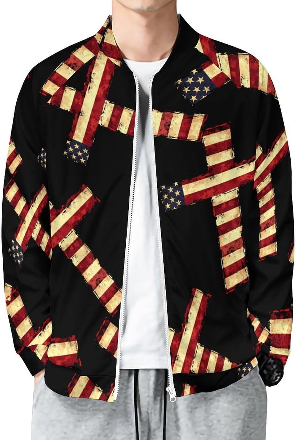 U.S Flag Crosss Men's Zip Up Sweatshirt Casual Sweater Jackets Long Sleeve Tops Lightweight Coat