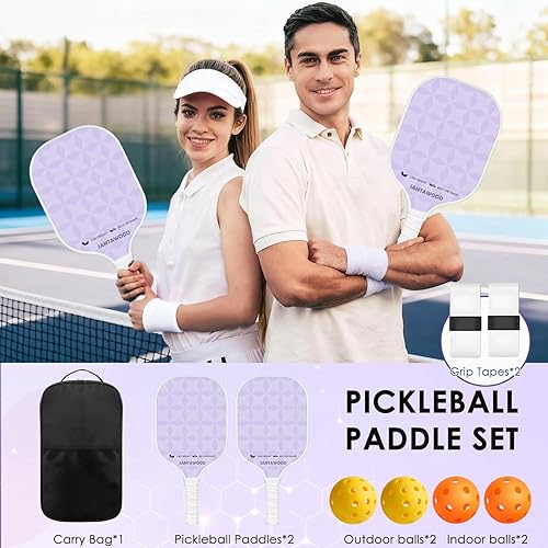 Miniatura 8 de Juego de 2 palas de pickleball de fibra de vidrio, 2 raquetas de pickleball, 4 bolas, 2 agarres y 1 bolsa de transporte portátil, paquete de 2