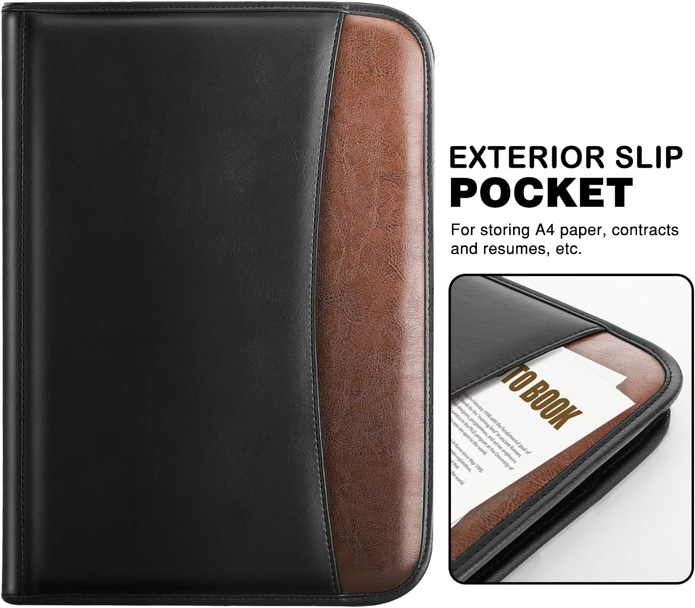 MoKo Zippered Leather Padfolio Portfolio Folder, Professional Interview Resume Document Organizer with 11 Inch Tablet Sleeve for iPhone, Ipad, Tablets, Notebooks and Documents, Black & Brown