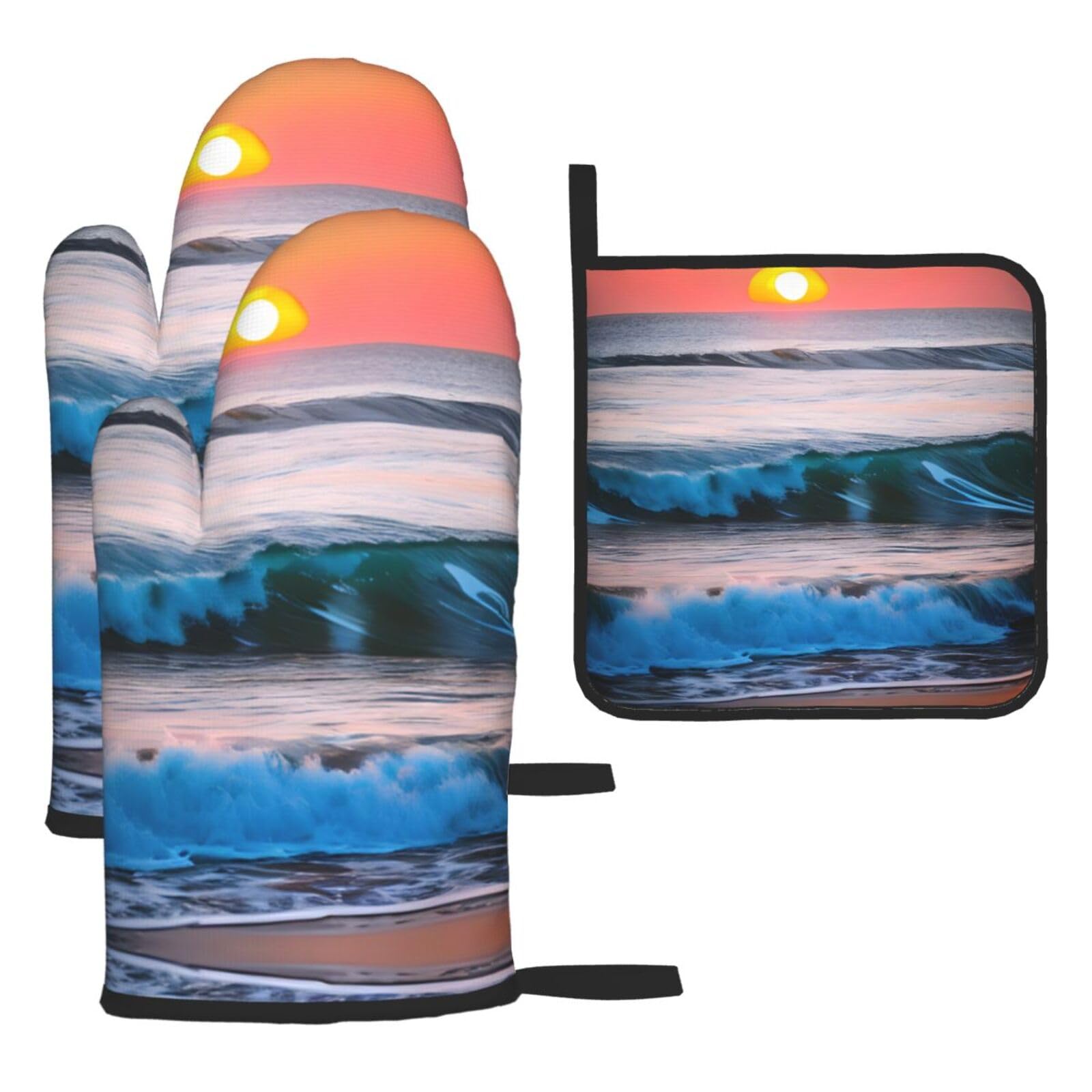 Sunset Ocean Sea Waves Christmas Oven Mitts,Cute Cooking Glove,Heat Resistant,Oven Mitts Gift for Mom,Housewarming