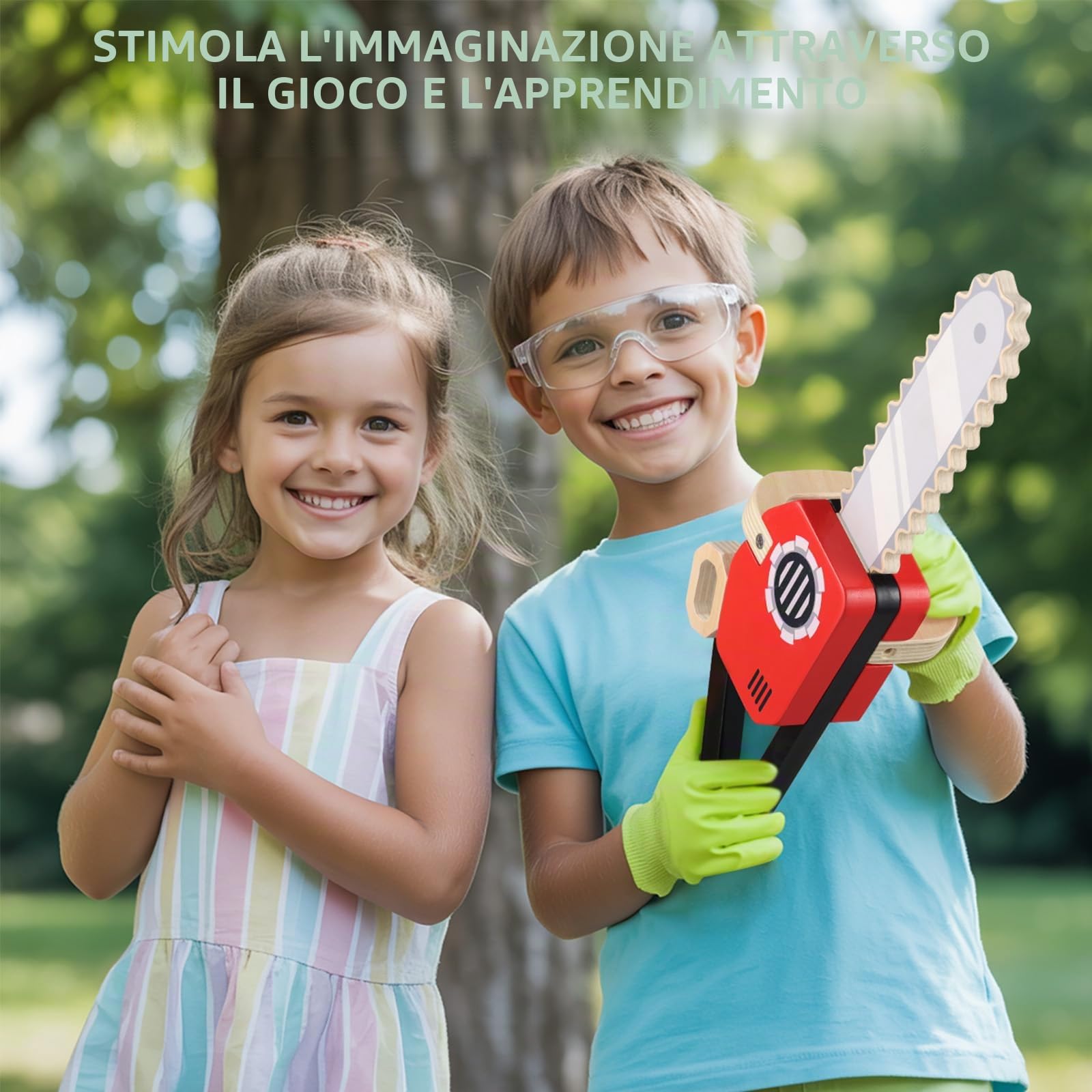 GAGAKU Motosega giocattolo in legno per bambini dai 2 anni in su. Valigetta degli attrezzi per bambini, in alternativa, con funzione audio, giocattolo educativo per giochi di ruolo all'aperto