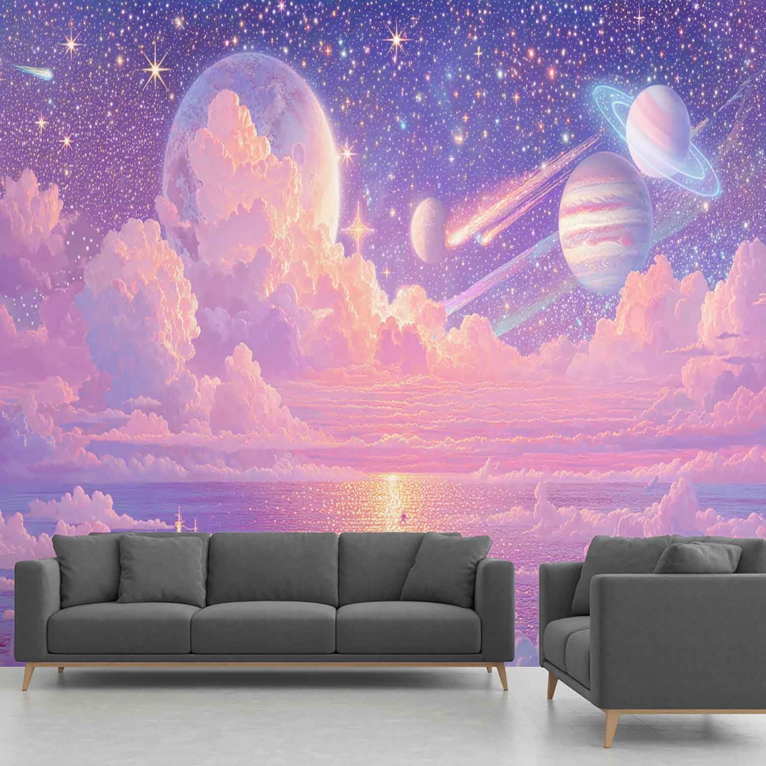 Fresque murale intissée grand format 250 x 352 cm avec paysage marin fantastique et étoiles