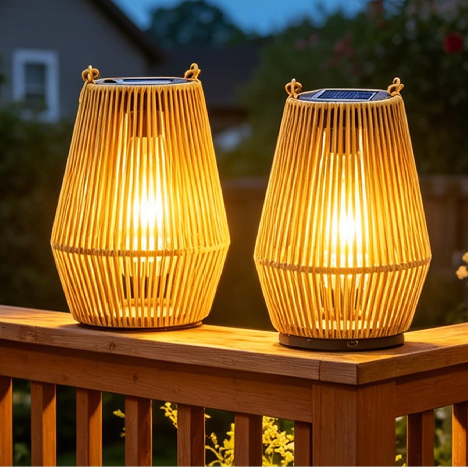 Gr8 Garden Natural Set Of 2 Solar Rattan Lanterns, Hanging Outdoor Led Lights, Wicker Effect Patio Garden Lamp, Warm White 2700K, Ip44 Waterproof, Auto On/Off, Solar Powered