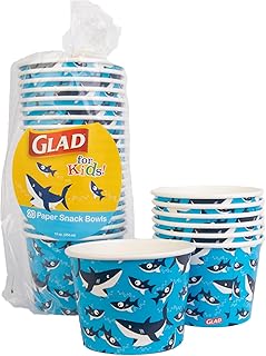 Glad for Kids Shark Paper Snack Bowls, Lids Not Included - Blue Heavy Duty, Microwavable, Disposable Snack Cups for Soup or Ice Cream, 12 Oz, 20 Count