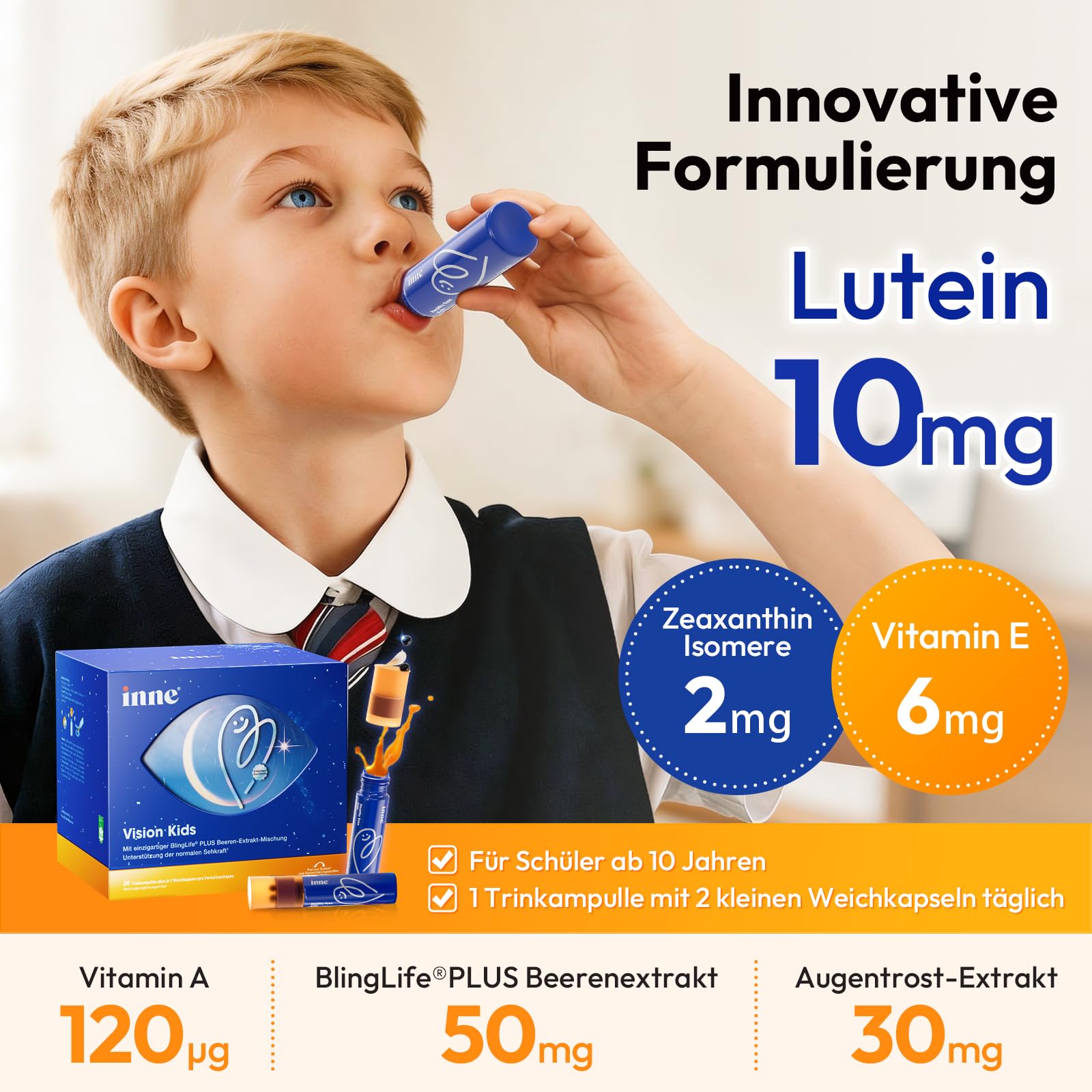 inne® Vision Kids Augenvitamine | mit 10 mg Lutein, 2mg Zeaxanthin, Vitamin A, Beeren- Augentrost-Extrakt | 20 Trinkampullen | Vegan | Nahrungsergänzungsmittel für Kinder ab 10 Jahren & Erwachsene