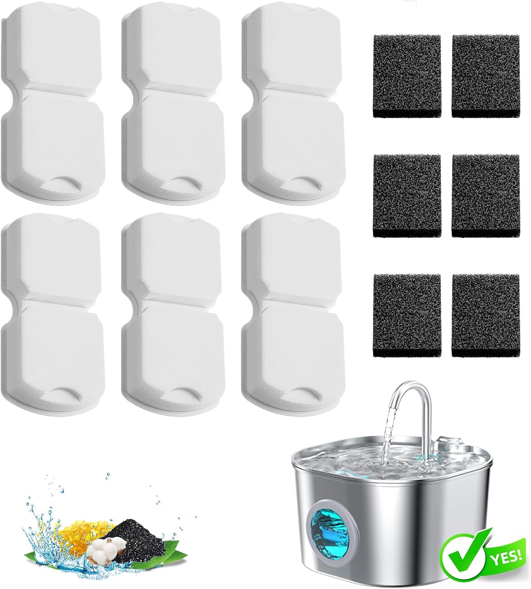 Cat Water Fountain Filter Replacement: 6Pack Pet Fountain Filters of 6 Carbon Filters & 6 Sponges - Use for HOOISE GIOTOHUN ATMZIQXR IHOUONE KOOGMOON 74oz Automatic Pet Fountain Cat Water Dispenser