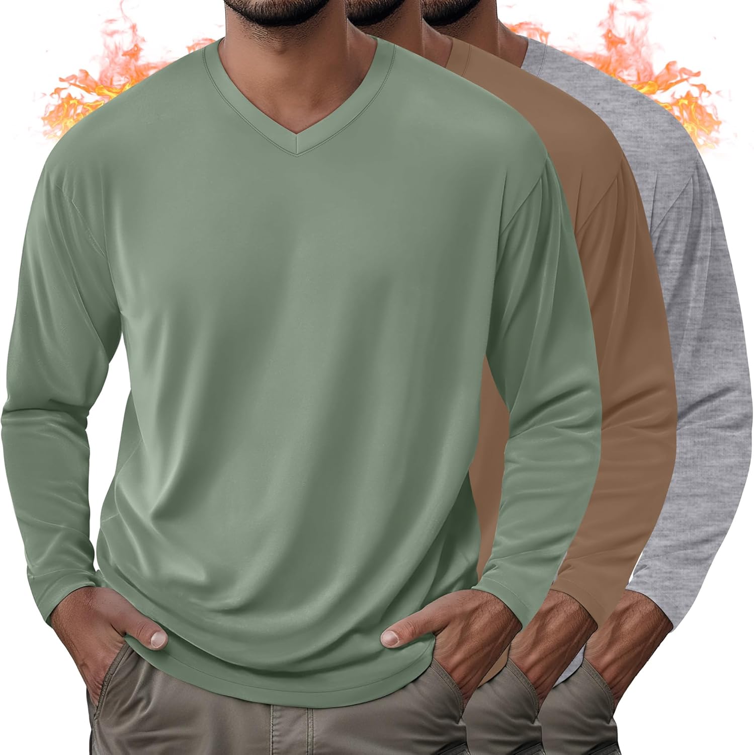 3 Pack Men's Thermal Long Sleeve Shirts V Neck Fleece Lined Loose Fit Warm Base Lay...