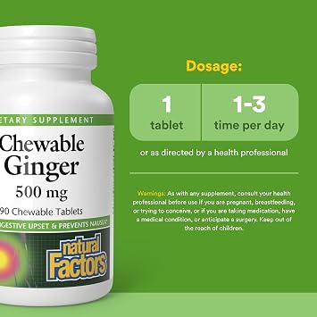 Natural Factors Chewable Ginger 500 mg for Digestive Support*, 90 Tablets | Digestive Health Support Supplement with Organic Ginger Extract to Support Stomach Health & Occasional Indigestion or Nausea*