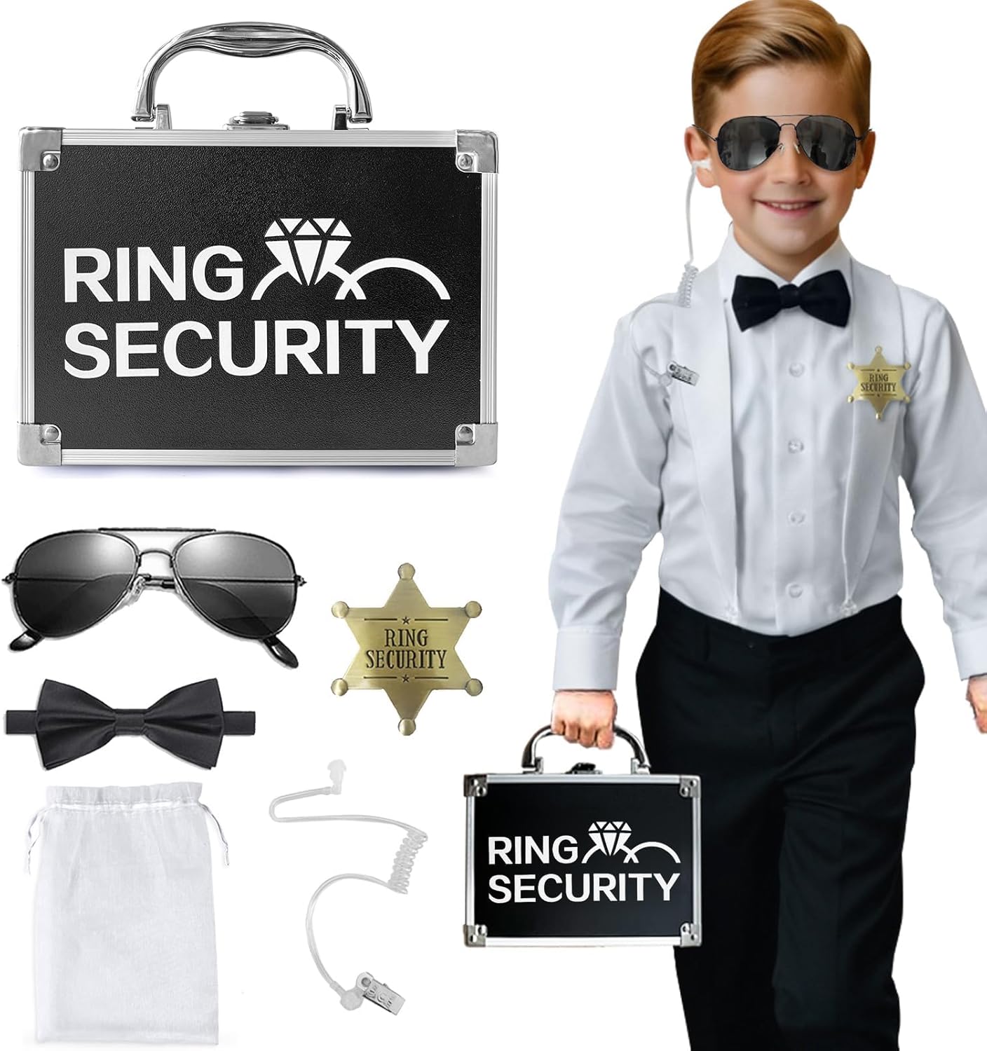 Ring Security Wedding Ring Bearer Gifts Set, Kids Briefcase with Holder Pad for 2 Rings includes Sunglasses, Earpiece, Bowtie, Bagde for Proposal Ceremony Party