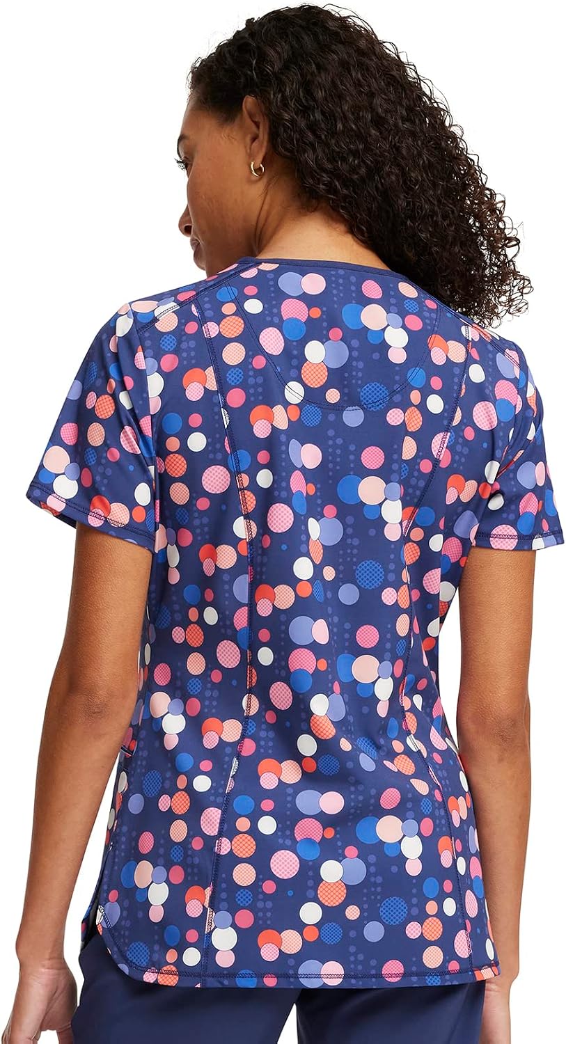 Cherokee Infinity Womens V-Neck Print Scrub Top with 2 Pockets, Rib-Knit Insert Logo O-Ring Detail & Shirttail Hem - CK634