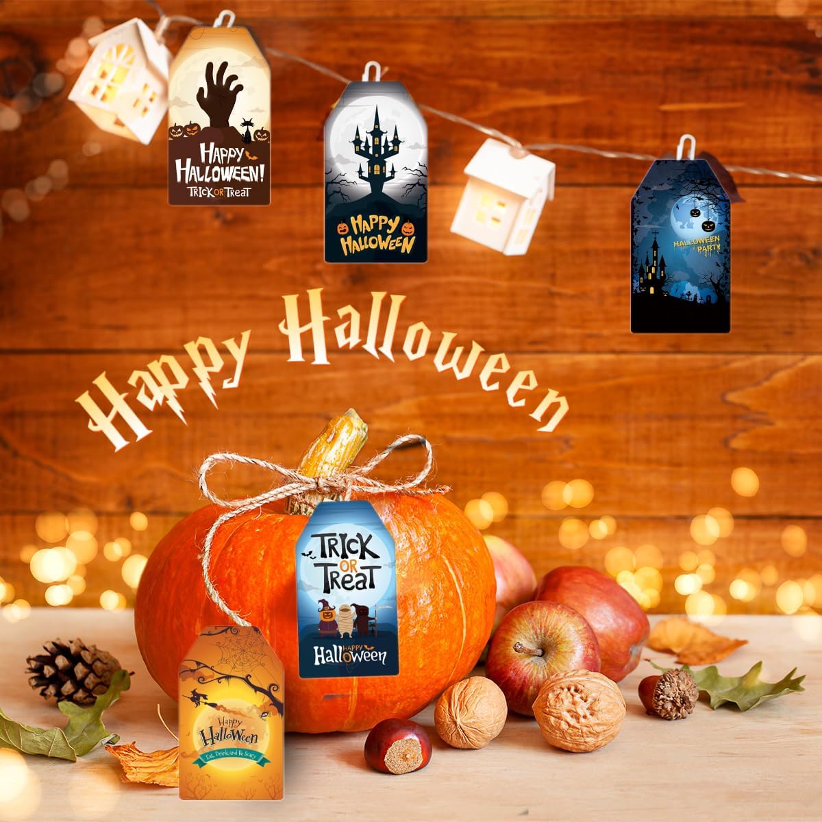 60 Pack Halloween Hanging Tags Paper Tags Halloween Pumpkin Tags with 40ft Cotton Strings for Halloween Theme Hanging Decor Halloween Party Candy Bag Gift Wrap Supplies image 4