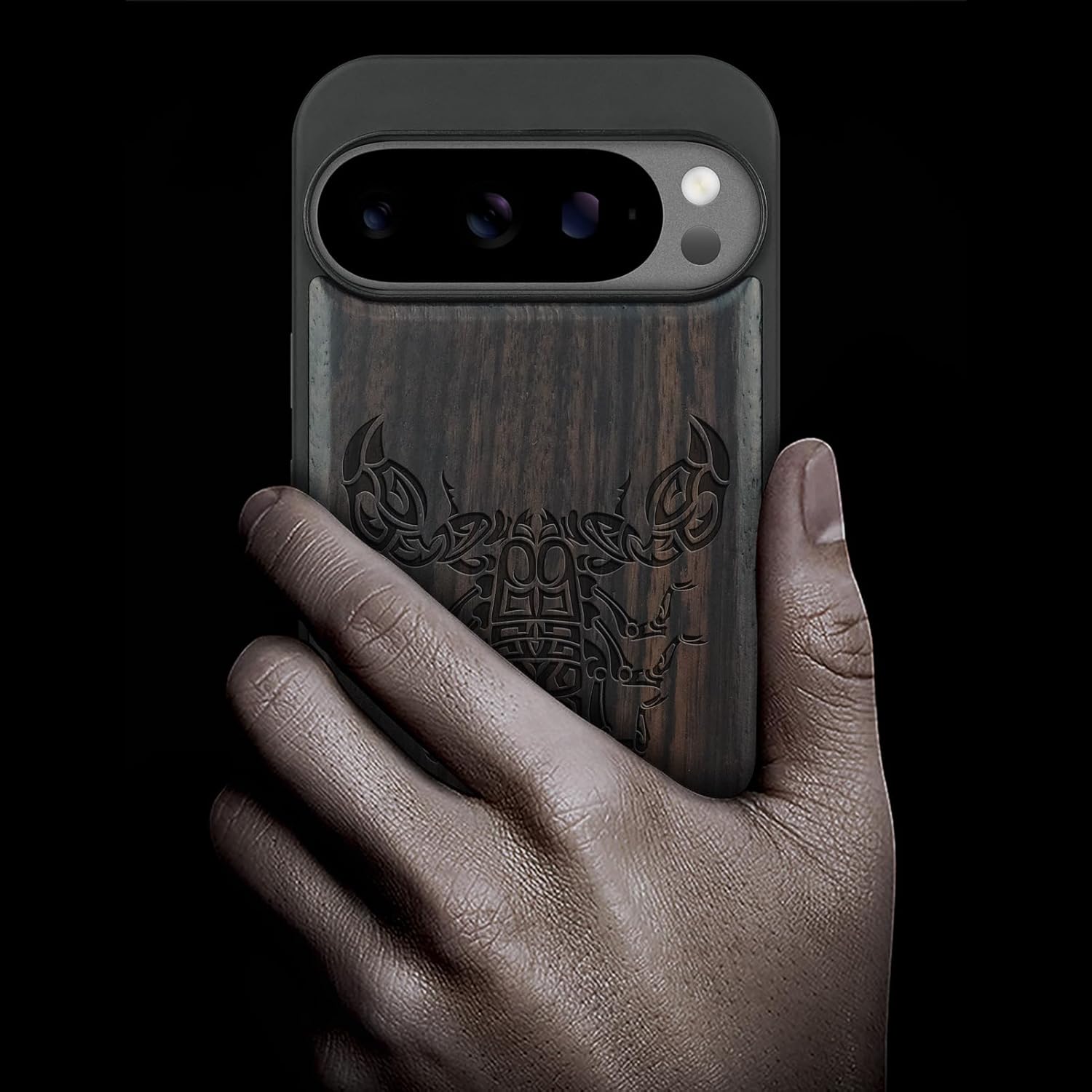 Carveit Magnetic Wooden Case for Google Pixel 10 / Pixel 10 Pro Case, Wood Artisan Engraved & Soft TPU Shockproof Cover, Compatible with MagSafe Wireless Chargers (Tribal Scorpion) Blackwood