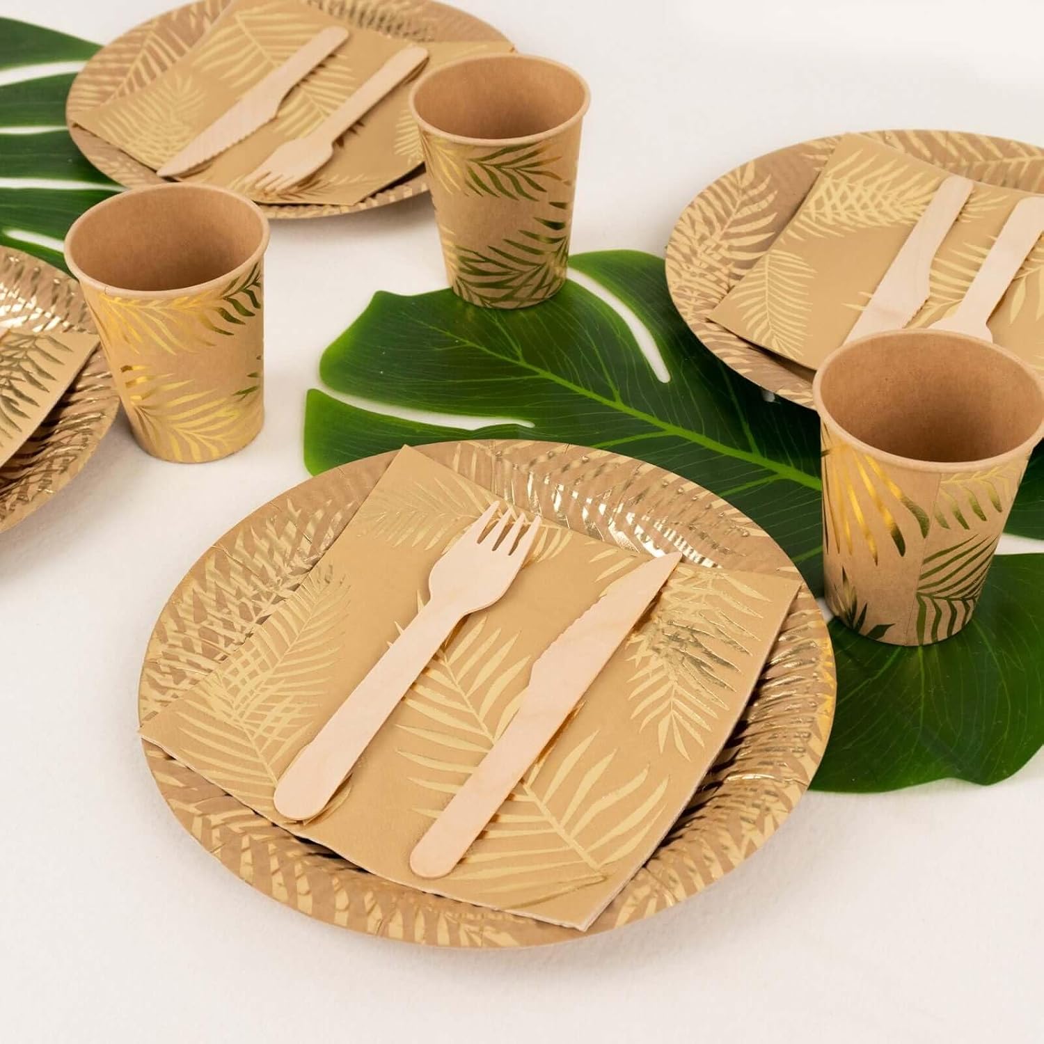 Efavormart 72-Piece Gold Foil Palm Leaves Paper Tableware Set, Disposable Plates Cups and Napkins Combo Pack for Tropical Luau and Summer Socials