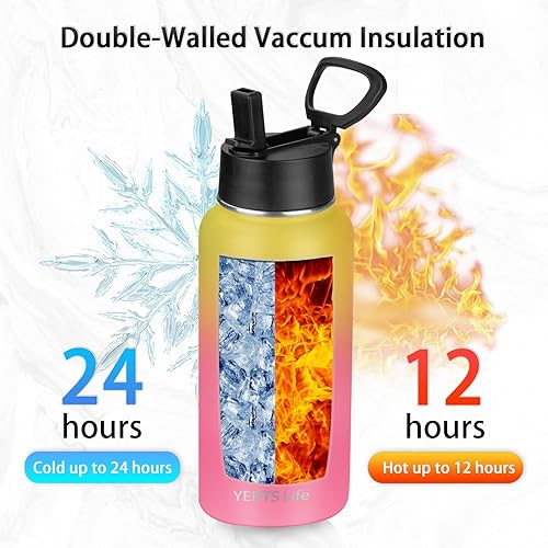 Miniatura 2 de Botella de agua aislada con pajilla, botella de agua deportiva de acero inoxidable aislada al vacío, mantiene el frío y el calor, botella de agua de