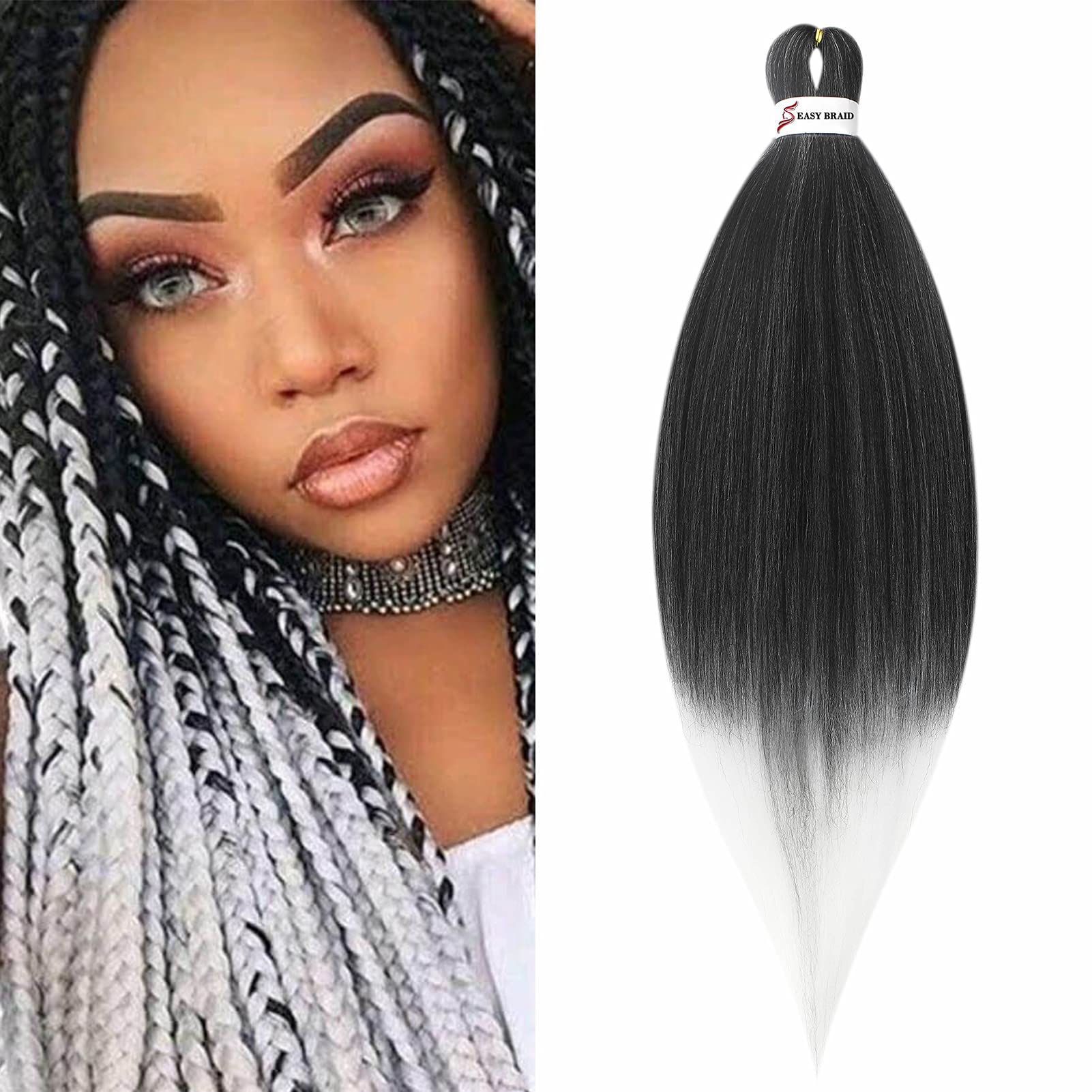 65cm Extensiones de Pelo Sintético para Trenzas Africanas Braiding Twist Crochet Hair EZ Trenzado Yaki Profesional Cabello Pre Stretched Braiding Hair Postizo 1 Piezas, Negro&Blanco