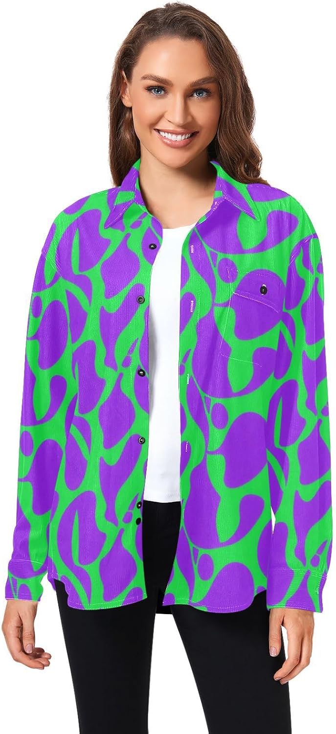 Purple Green Mystery Pattern Woolen Cord Fabric Long Sleeve Thermal Shirt Men for Women Business with Pockets