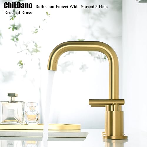 Miniatura 5 de Grifo de baño de latón cepillado de 8 pulgadas con drenaje (tiene sobre flujo) y líneas de suministro, 2 manijas de acero inoxidable de 3 agujeros,