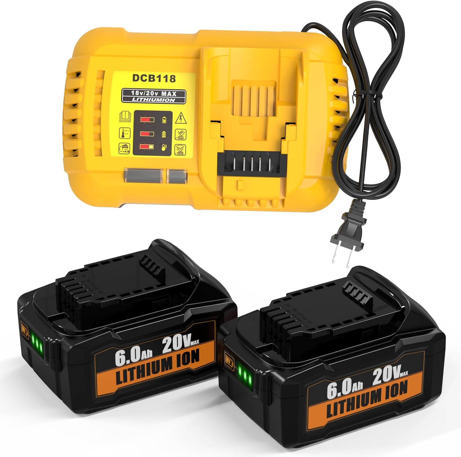 2 Pack 6.0Ah Li-ion Battery Replacement for Dewalt 20V Max Battery with Battery Charger Station with Dewalt 20V DCB204 DCB206 DCB200-2 DCB180 DCD985B DCB200 DCD/DCF(2 Batteries+1 Charger)
