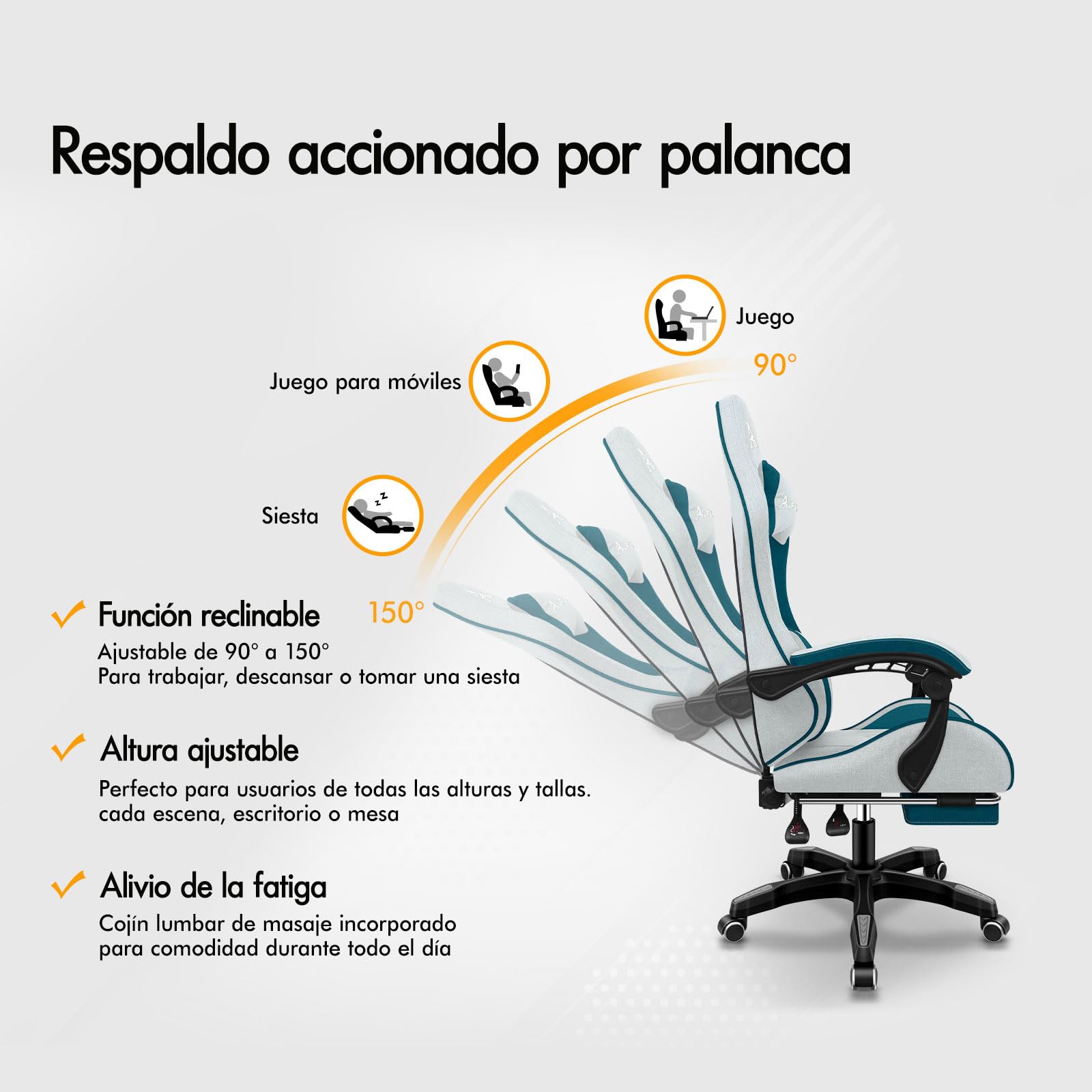 ALFORDSON Silla Gaming Ergonómica con Masaje, Silla Gamer de Oficina con Lumbar Massaggiante, Reposapiés Retráctil,Altura Ajustable,Reclinable 150°,Asiento Cómodo,Soporta 180 kg, Lino(Verde Petrolio)
