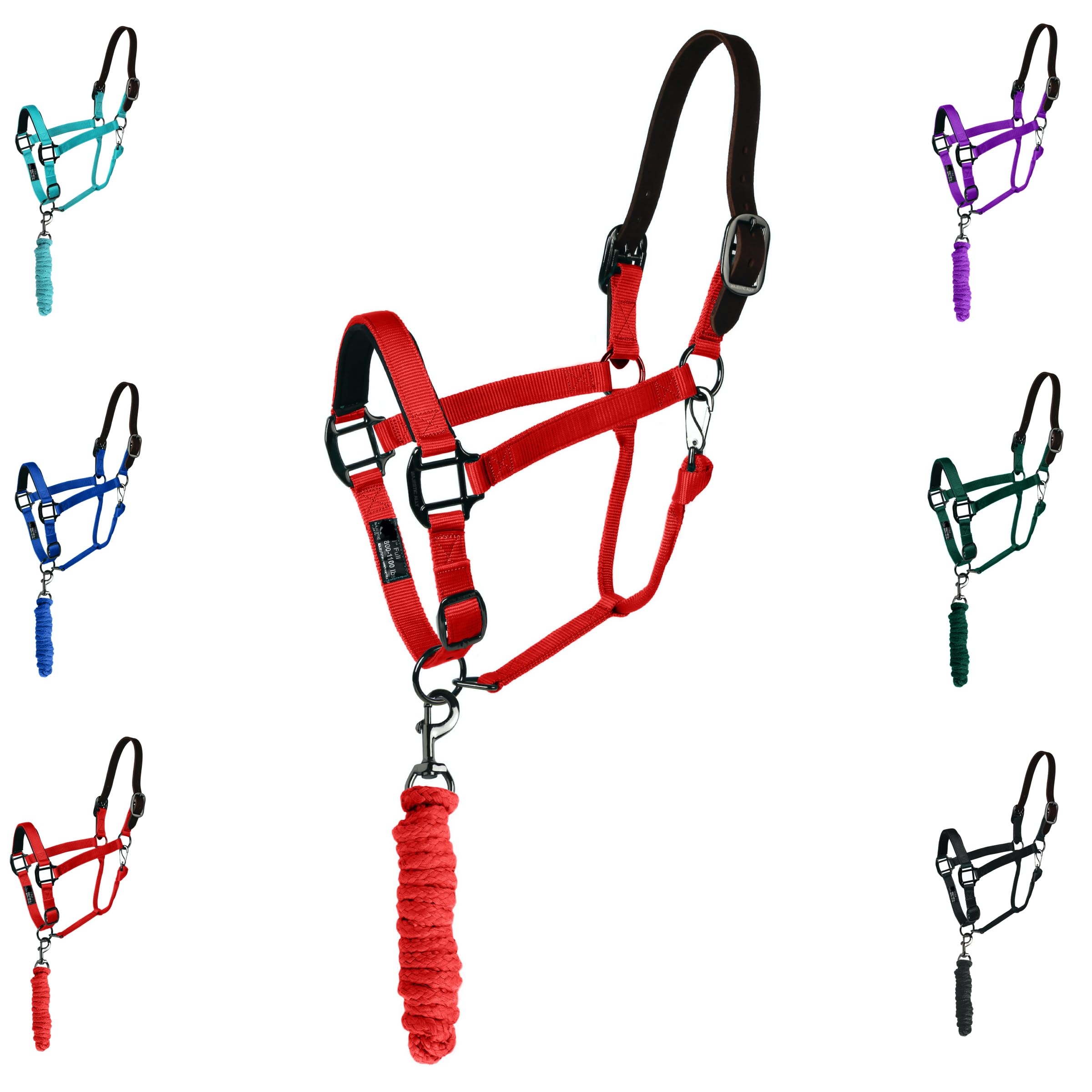 Majestic Ally Leather Halter with Matching Lead Rope for Horses, Leather Breakaway Crown, Adjustable Chin Strap