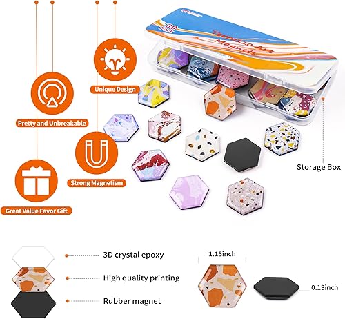 Miniatura 2 de MORCART - Imanes hexagonales para nevera, coloridos imanes de terrazo para refrigerador y casillero (pizarra blanca y vidrio)