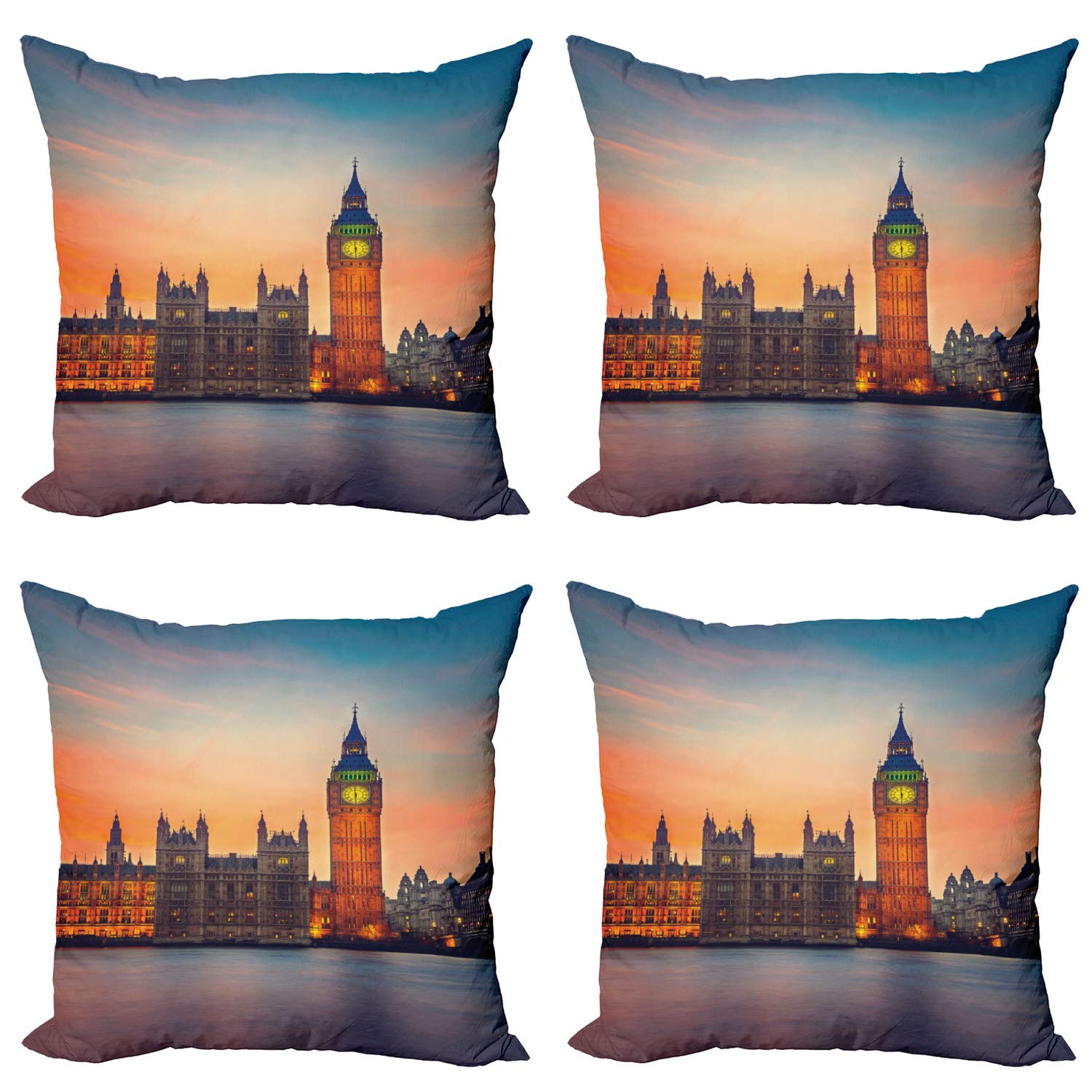ABAKUHAUS Londra Federe Cuscini Set di 4, Famoso Big Ben Sketchy, Stampa Digitale Fronte-Retro con Accento Moderno, 60 cm x 60 cm, Multicolore