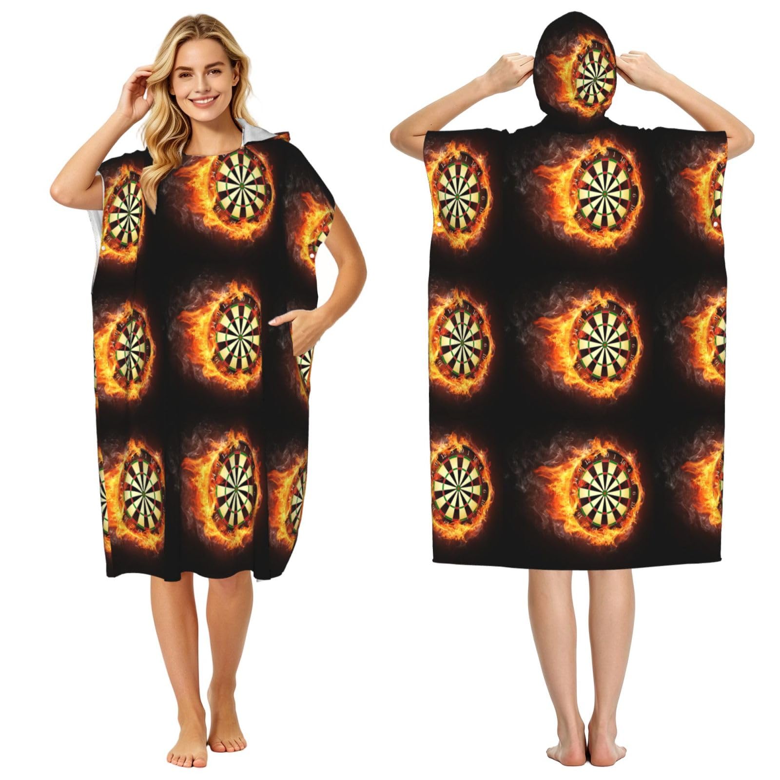 Poadnly Flaming Dartboard Fire Dart Board 3D, Adult Hooded Beach Towel 90 x 110 cm,Changing Bath Robe, Surf Poncho Towel For Women Men