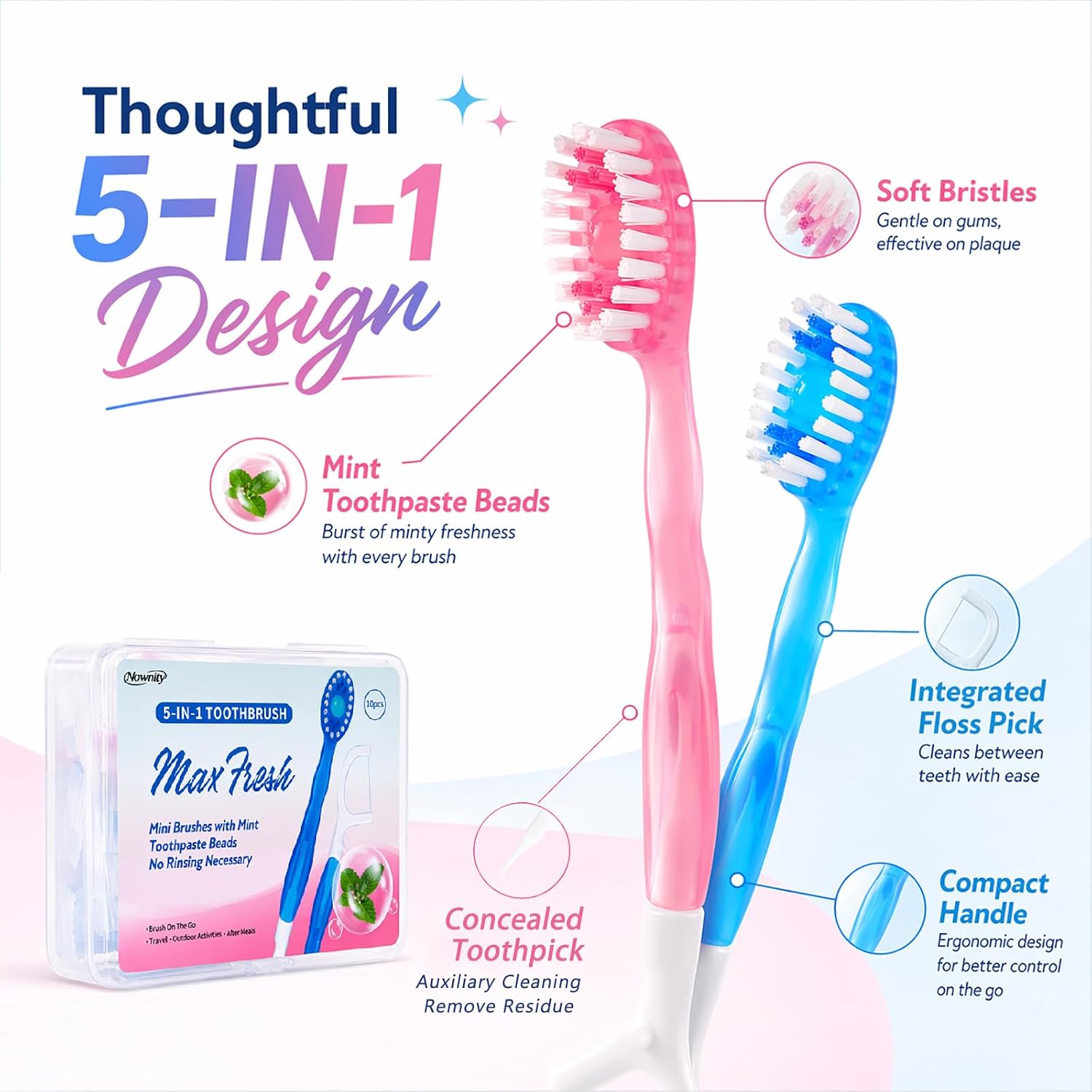 40 Pack Mini Disposable Toothbrushes, 5 in 1 Individually Wrapped Travel Toothbrush Set with Floss, No Water Needed, Portable Oral Care for Work, Travel & After Meals (Mixed Colors)
