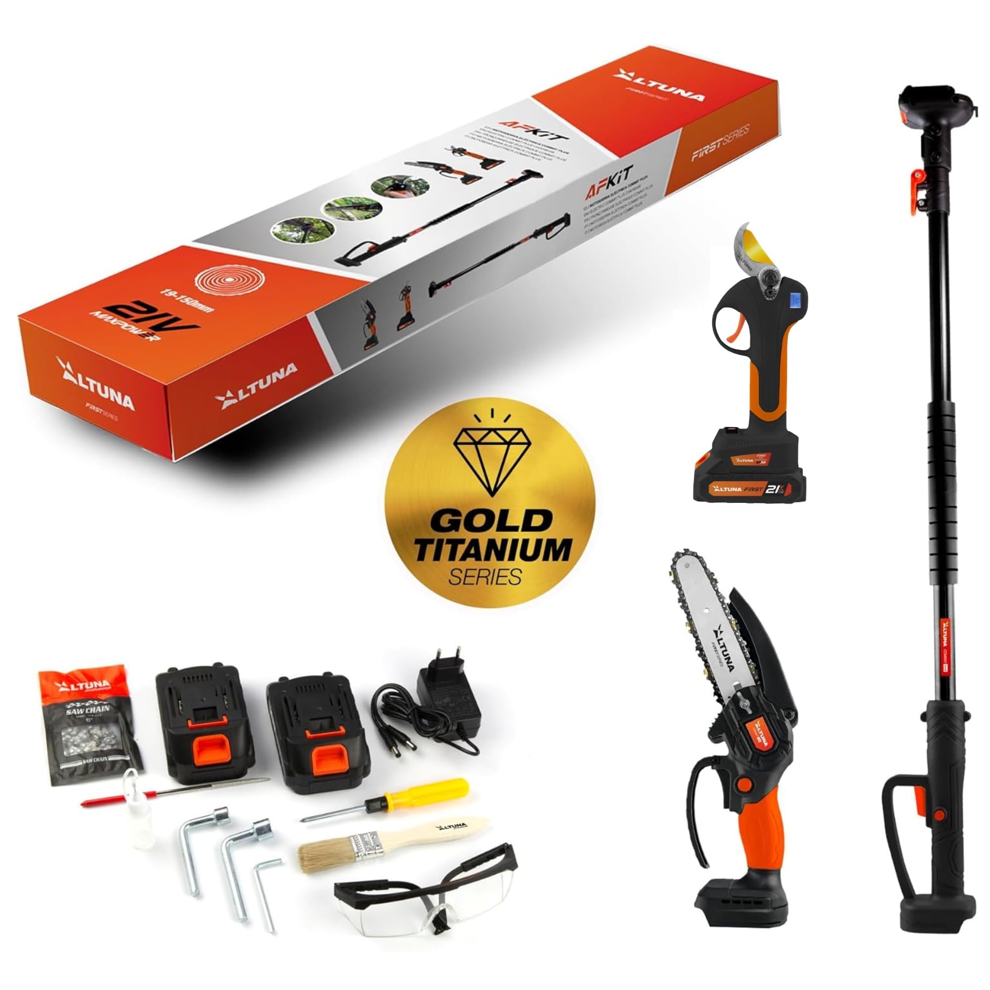ALTUNA Kit di Potatura a Batteria con Forbice AF28 e Motosega AF180 | Include asta telescopica compatibile con entrambi gli utensili, 2 batterie 21V e fodero per la potatura in altezza