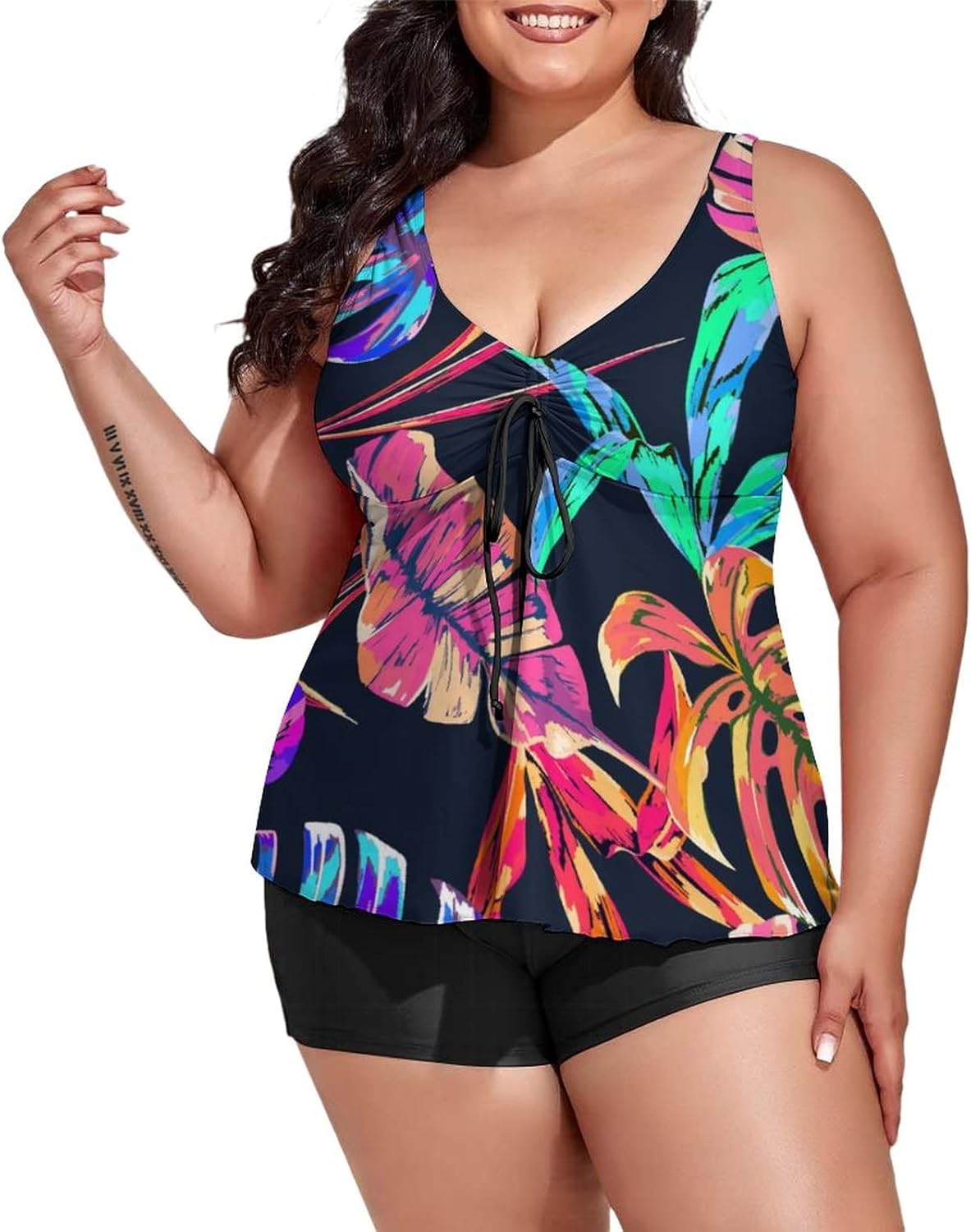 Two Piece Plus Size Tankini Swimsuit for Women Summer Colorful Hawaiian Tropical Plants Palm Leaf Bathing Suits with Top/Boyshorts Jungle Palm Leaves Tummy Control Swimwear